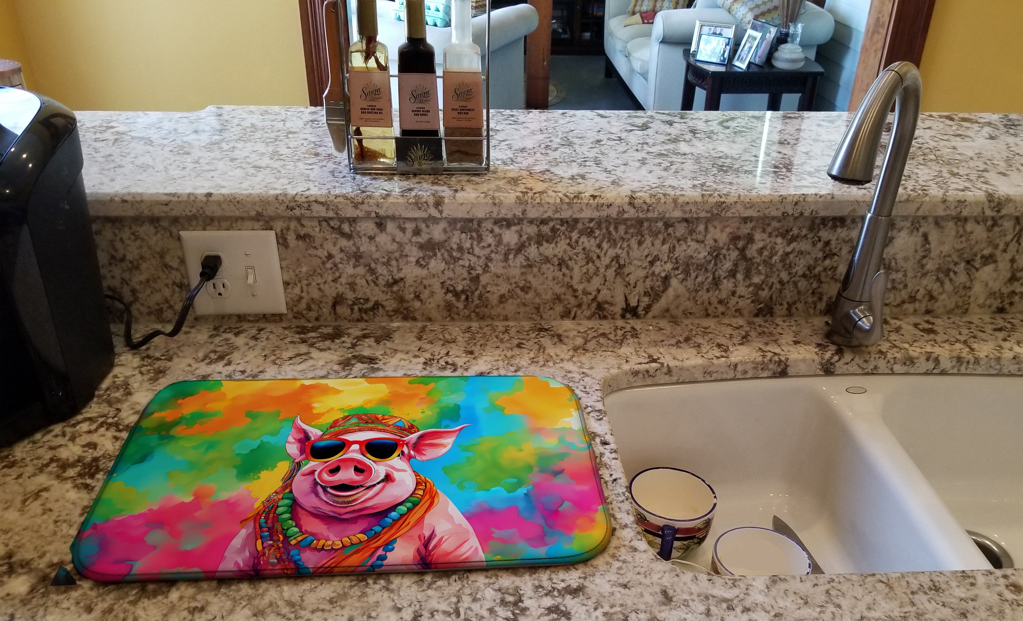 Hippie Animal Pig Dish Drying Mat Absorbent Dish Drying Mat Pad for Kitchen Counter Dish Drainer Mat for Countertop, 14 x 21", Multicolor