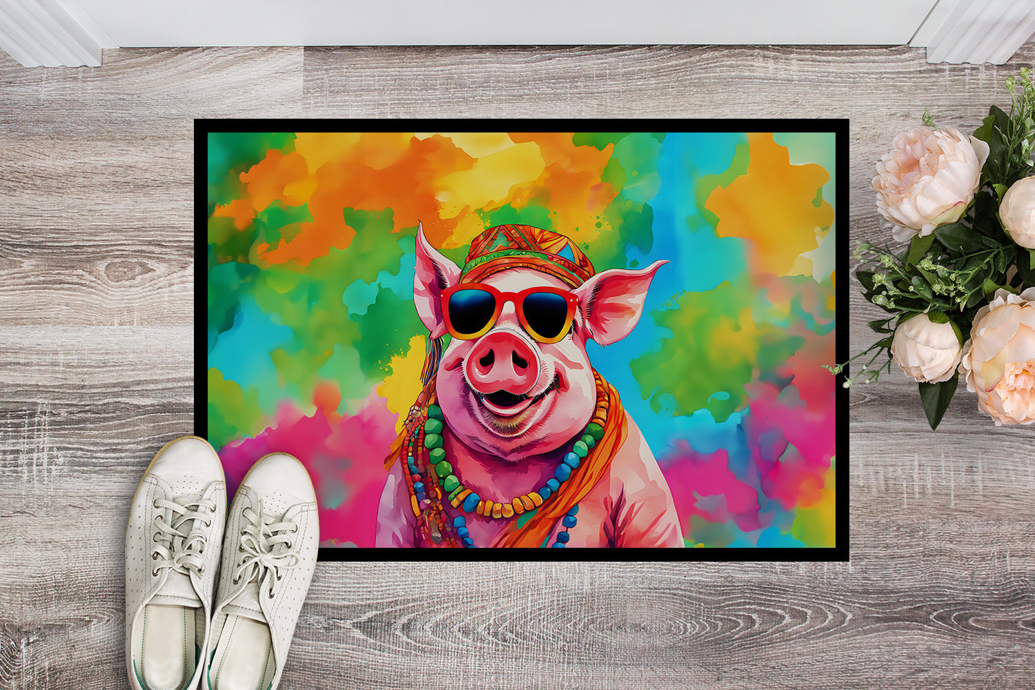 Hippie Animal Pig Doormat Indoor Outdoor 24H X 36W Front Door Mat Rugs for Entryway, Non Slip Washable Low Pile,