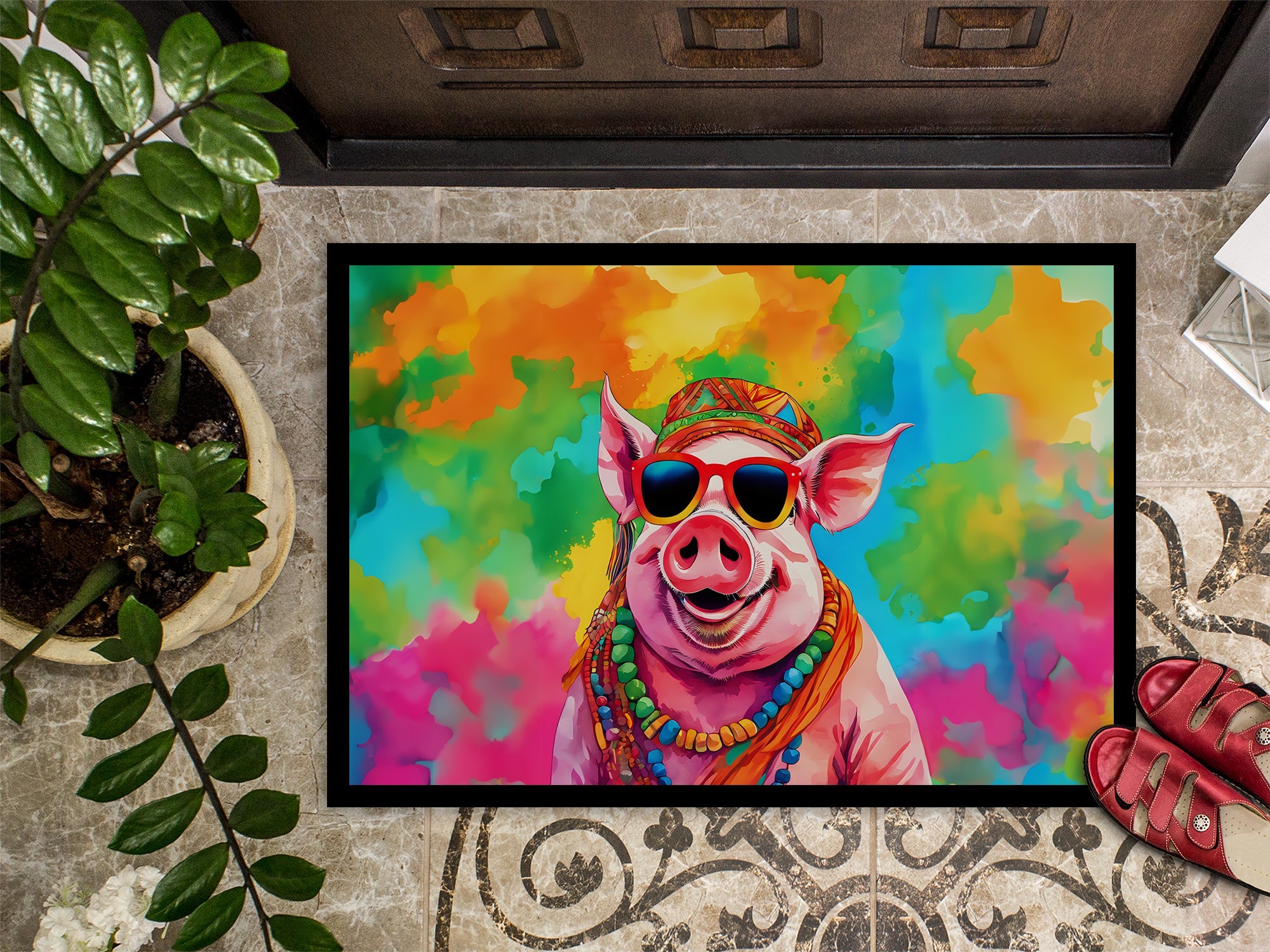 Hippie Animal Pig Doormat Indoor Outdoor 24H X 36W Front Door Mat Rugs for Entryway, Non Slip Washable Low Pile,