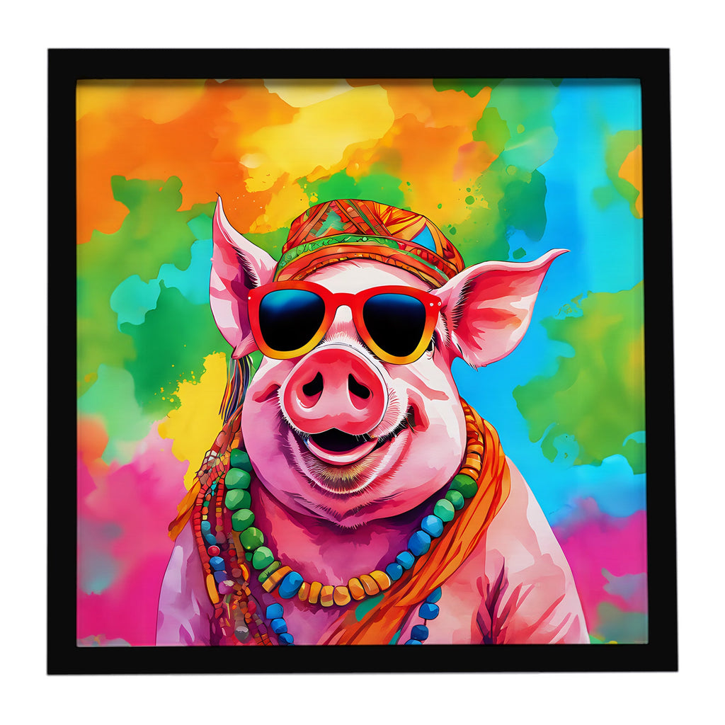 Hippie Animal Pig Framed Metal Print Bathroom, Kitchen, Office, Home Decor Wall Art Ready to Hang, Square, 8X8