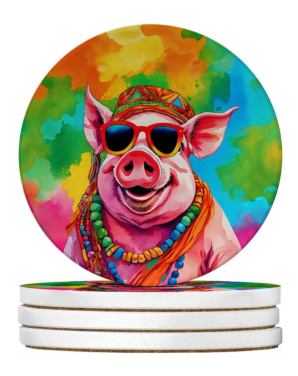 Hippie Animal Pig Large Sandstone Coasters Pack of 4 Absorbent Round Coasters Decor Gifts for Men or Women, 4 in, Multicolor