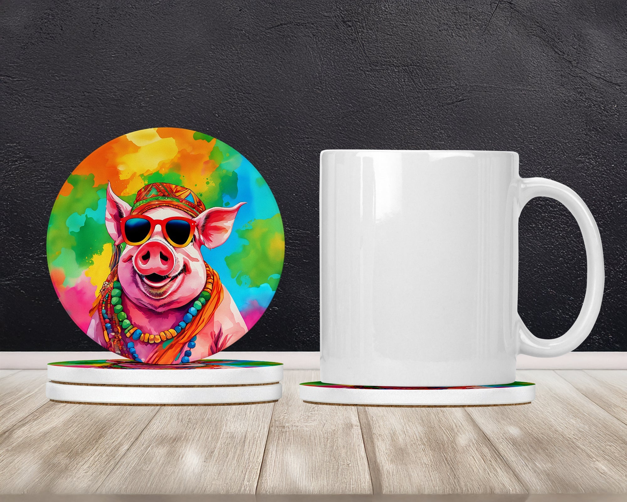 Hippie Animal Pig Large Sandstone Coasters Pack of 4 Absorbent Round Coasters Decor Gifts for Men or Women, 4 in, Multicolor