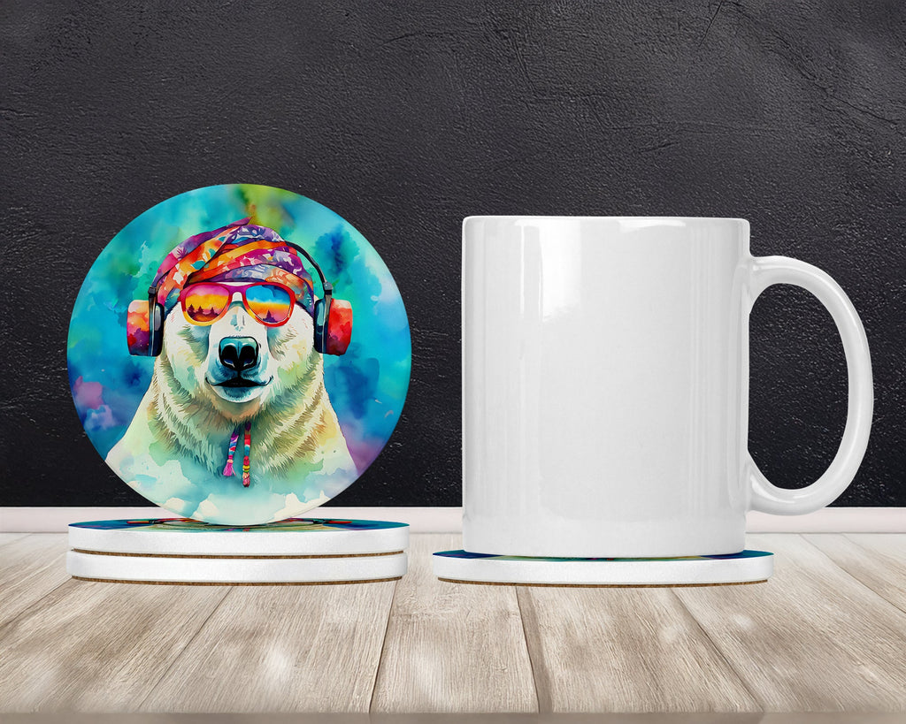 Hippie Animal Polar Bear Large Sandstone Coasters Pack of 4 Absorbent Round Coasters Decor Gifts for Men or Women, 4 in, Multicolor