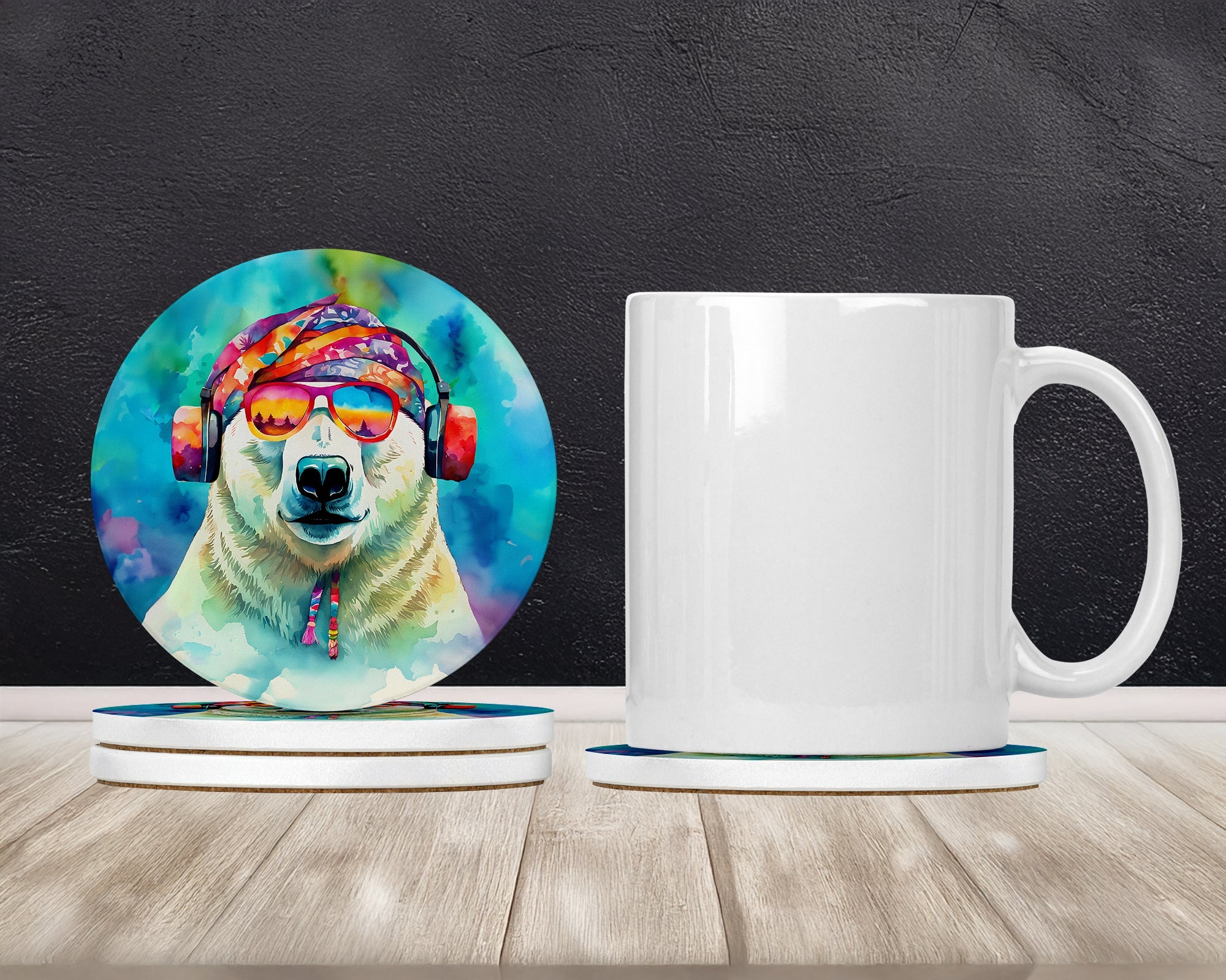 Hippie Animal Polar Bear Large Sandstone Coasters Pack of 4 Absorbent Round Coasters Decor Gifts for Men or Women, 4 in, Multicolor