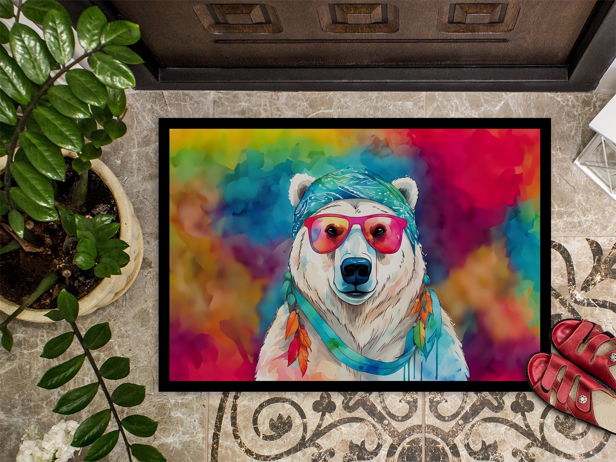 Hippie Animal Polar Bear Doormat Indoor Outdoor 24H X 36W Front Door Mat Rugs for Entryway, Non Slip Washable Low Pile,