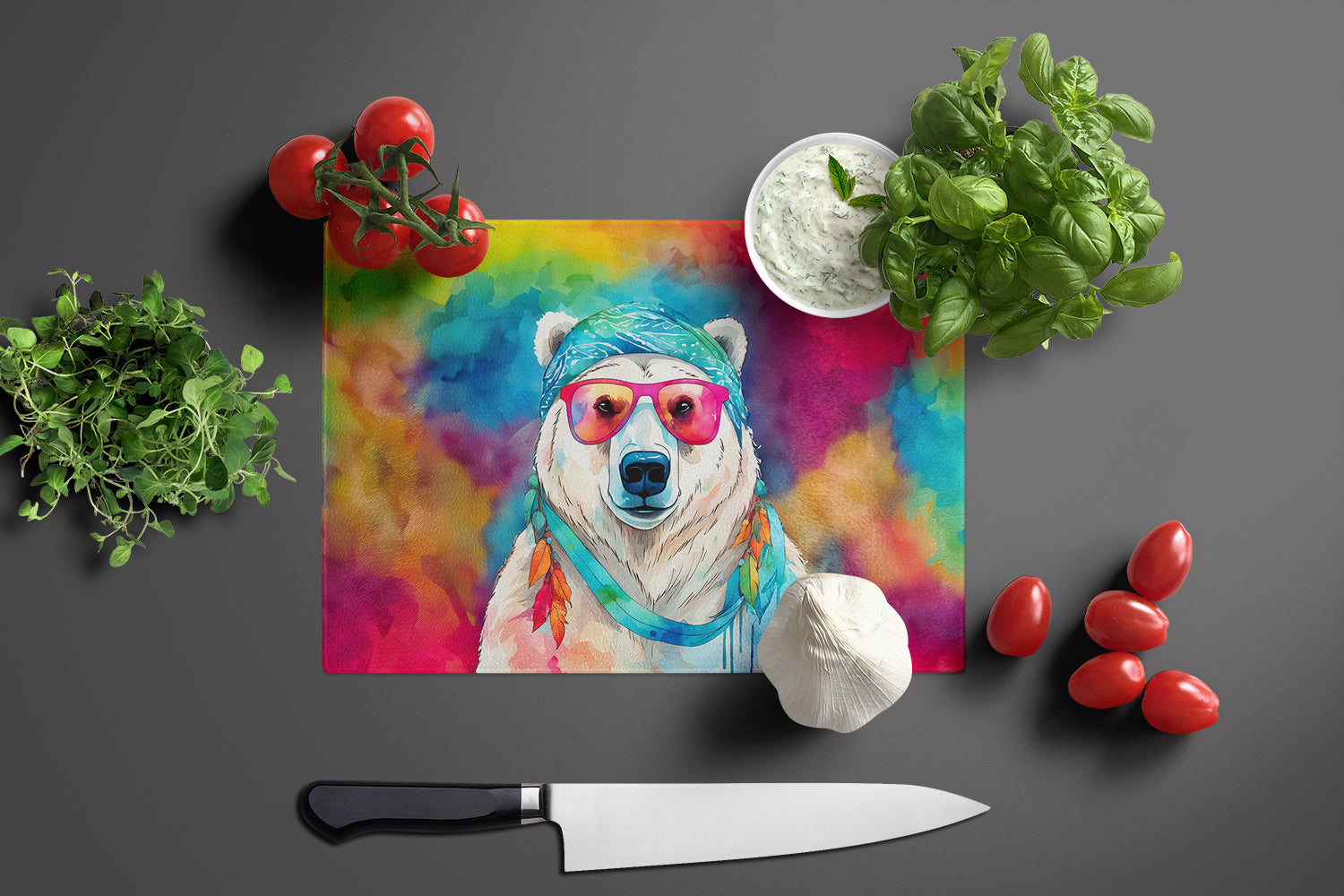Hippie Animal Polar Bear Cutting Board Tempered Glass Kitchen Cutting Surface, Heat Resistant Chopping, Non-Slip Feet, Food Prep & Serving