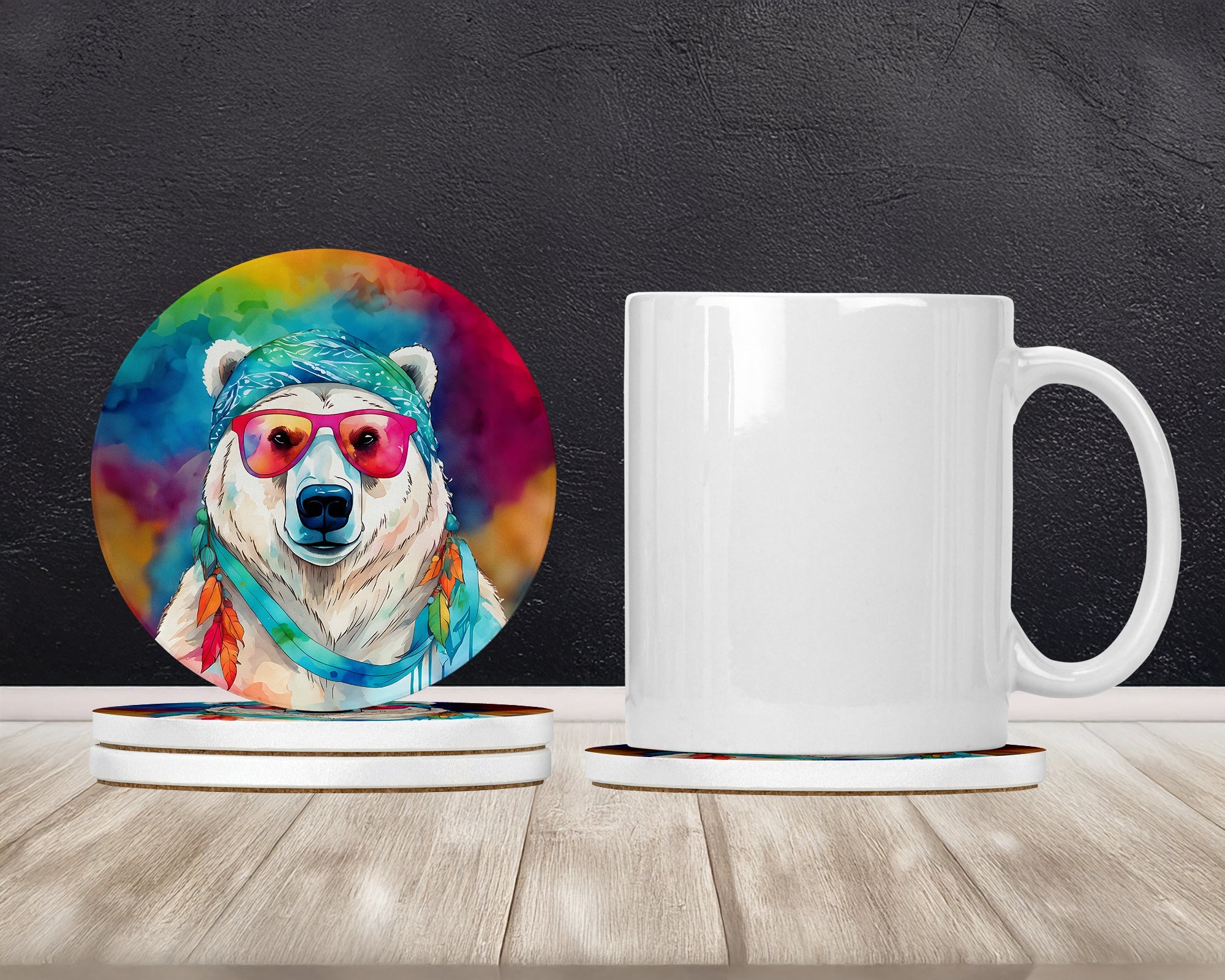 Hippie Animal Polar Bear Large Sandstone Coasters Pack of 4 Absorbent Round Coasters Decor Gifts for Men or Women, 4 in, Multicolor