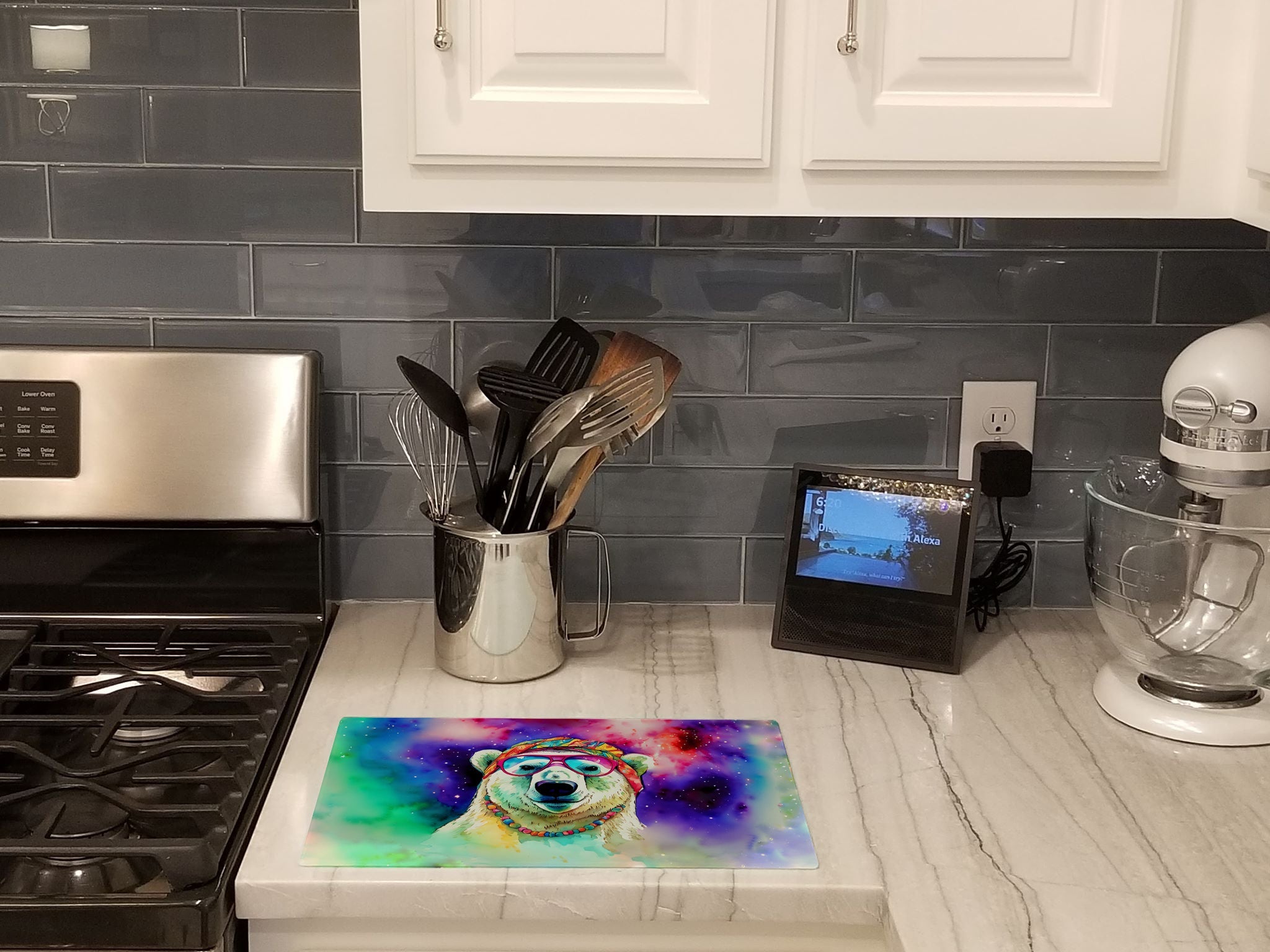 Hippie Animal Polar Bear Cutting Board Tempered Glass Kitchen Cutting Surface, Heat Resistant Chopping, Non-Slip Feet, Food Prep & Serving