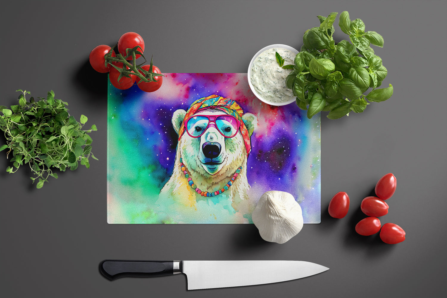 Hippie Animal Polar Bear Cutting Board Tempered Glass Kitchen Cutting Surface, Heat Resistant Chopping, Non-Slip Feet, Food Prep & Serving