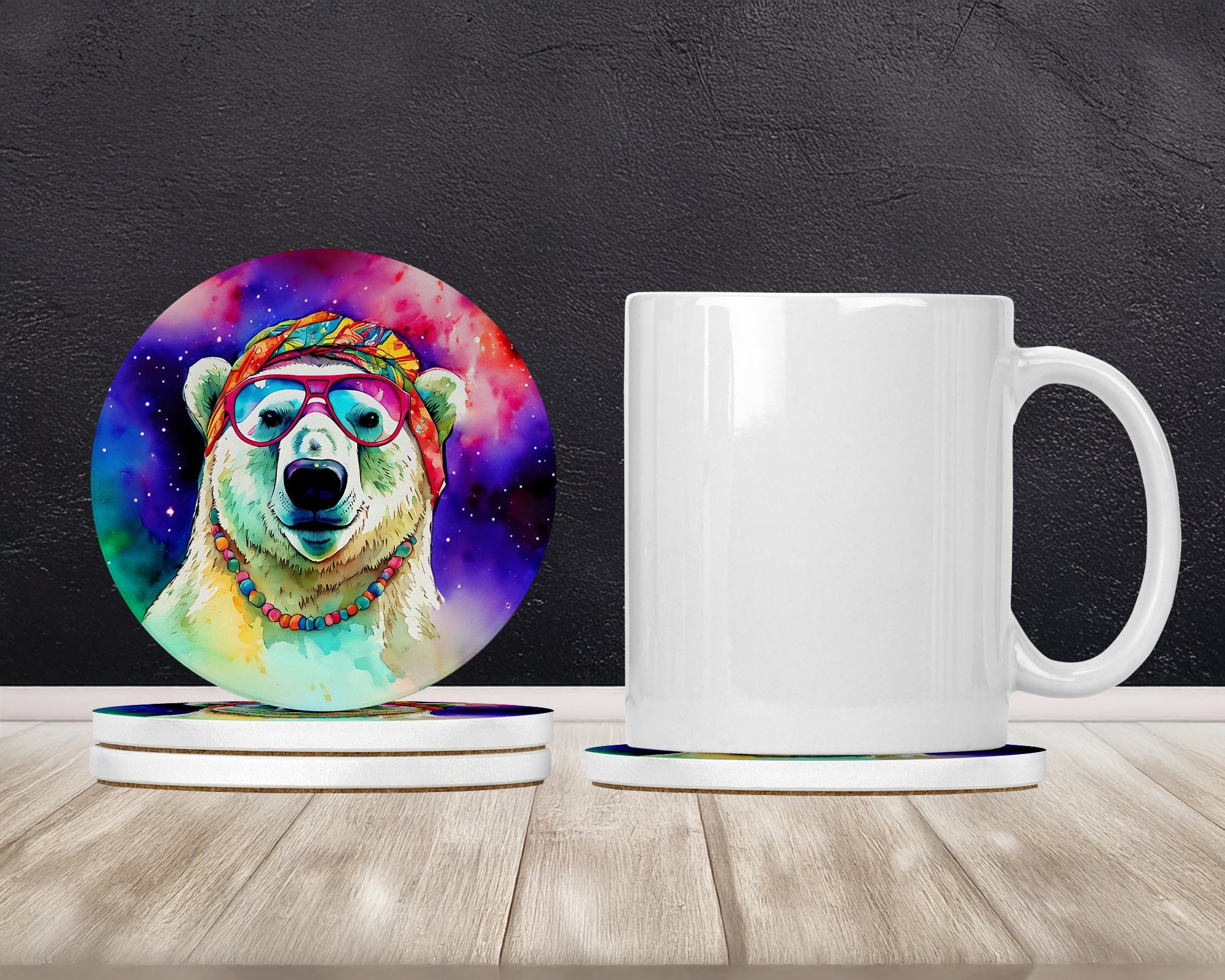 Hippie Animal Polar Bear Large Sandstone Coasters Pack of 4 Absorbent Round Coasters Decor Gifts for Men or Women, 4 in, Multicolor