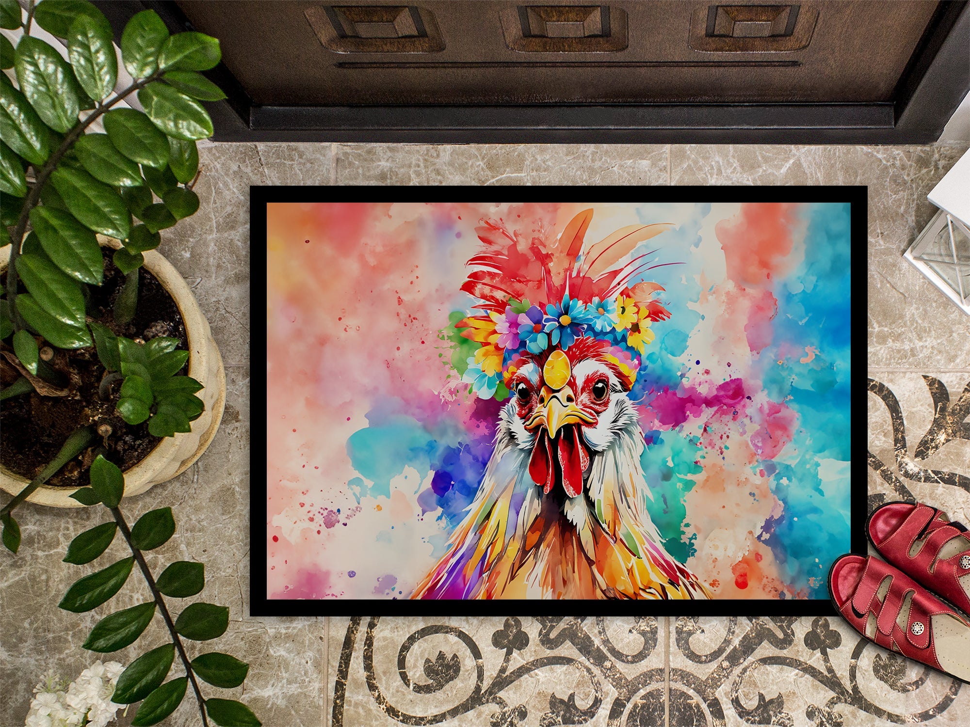 Hippie Animal Polish Poland Rooster Doormat Indoor Outdoor 18H X 27W Front Door Mat Rugs for Entryway, Non Slip Washable