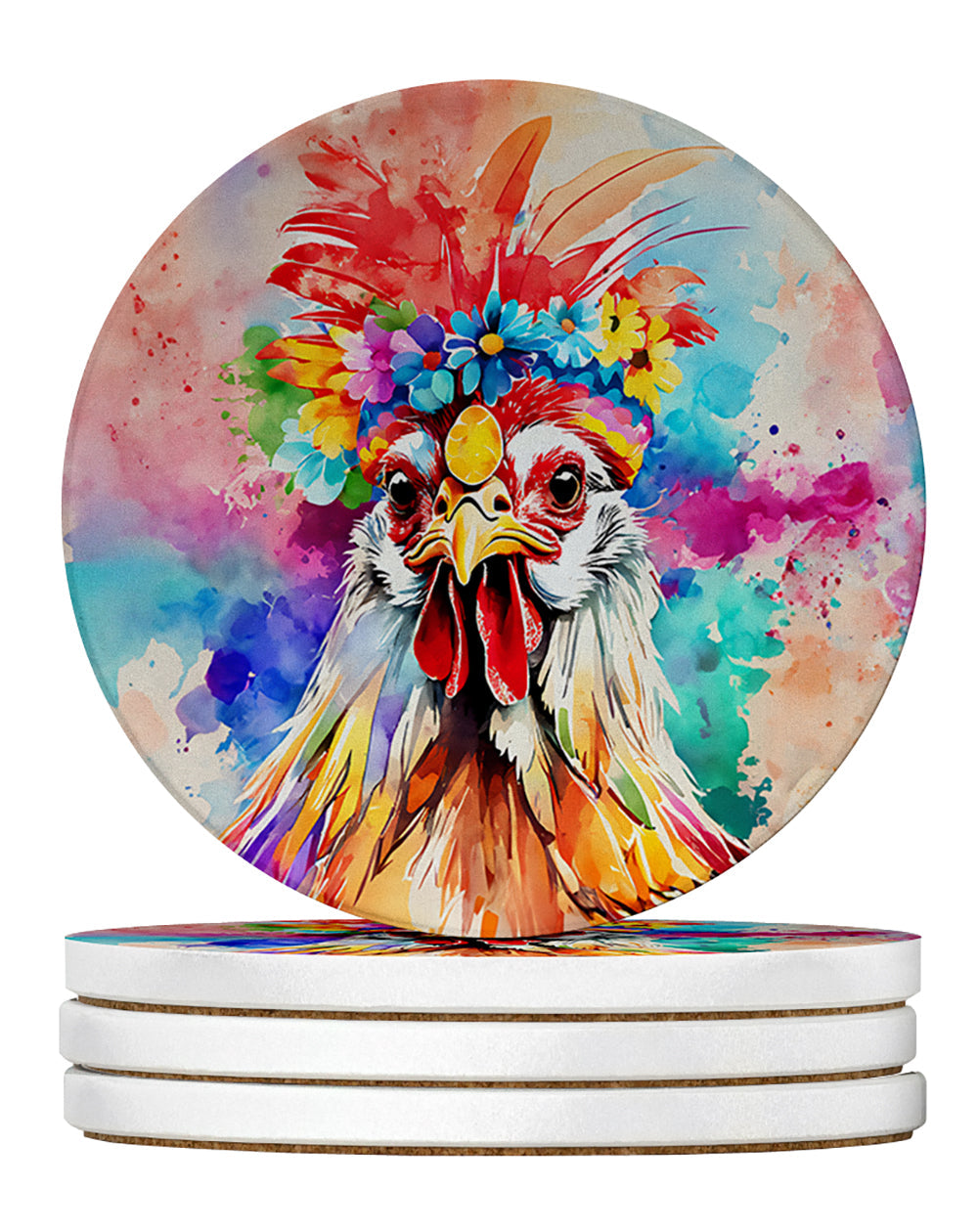 Hippie Animal Polish Poland Rooster Large Sandstone Coasters Pack of 4 Absorbent Round Coasters Decor Gifts for Men or Women, 4 in, Multicolor