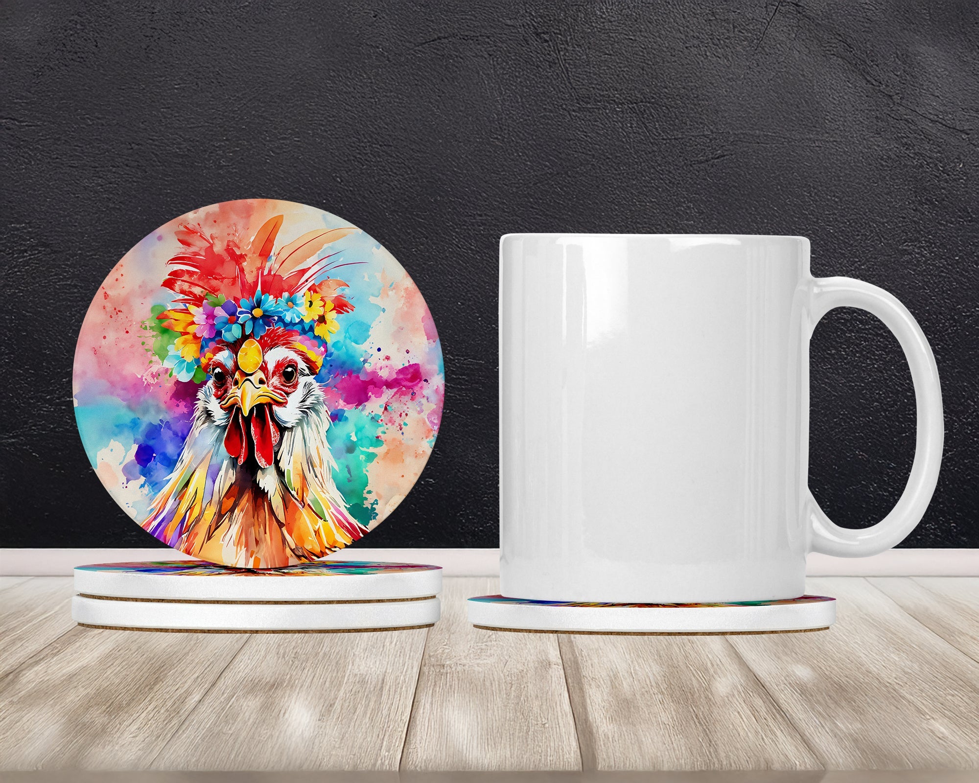 Hippie Animal Polish Poland Rooster Large Sandstone Coasters Pack of 4 Absorbent Round Coasters Decor Gifts for Men or Women, 4 in, Multicolor