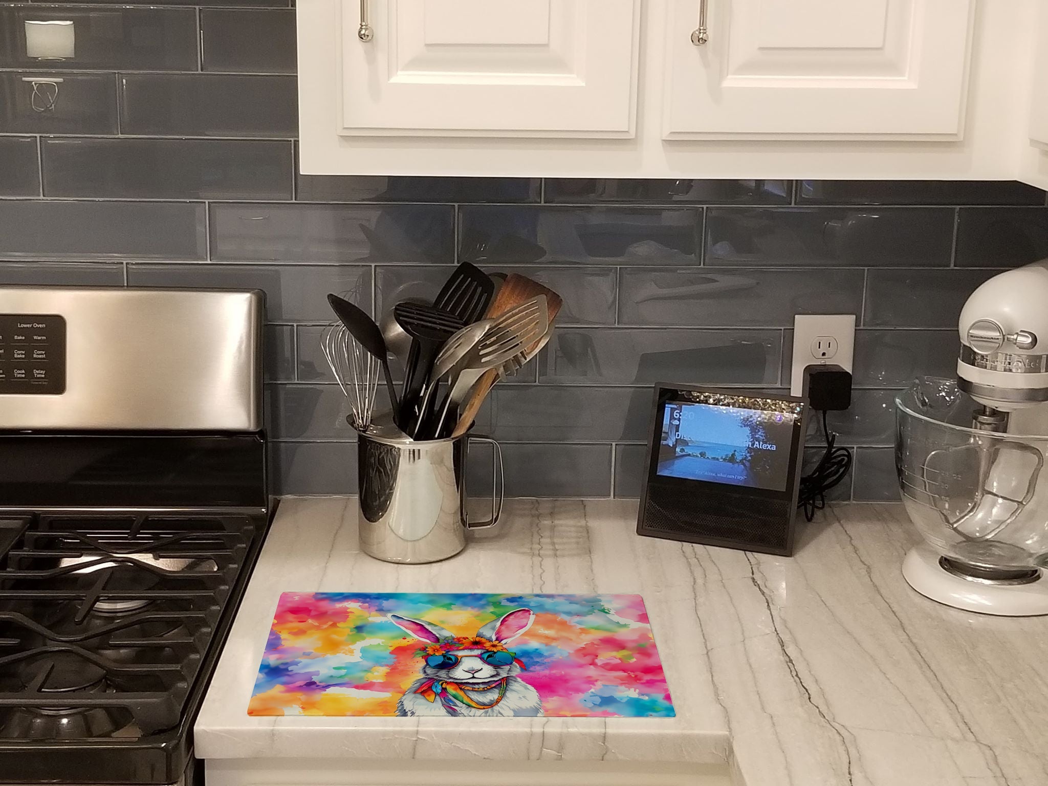 Hippie Animal Rabbit Cutting Board Tempered Glass Kitchen Cutting Surface, Heat Resistant Chopping, Non-Slip Feet, Food Prep & Serving