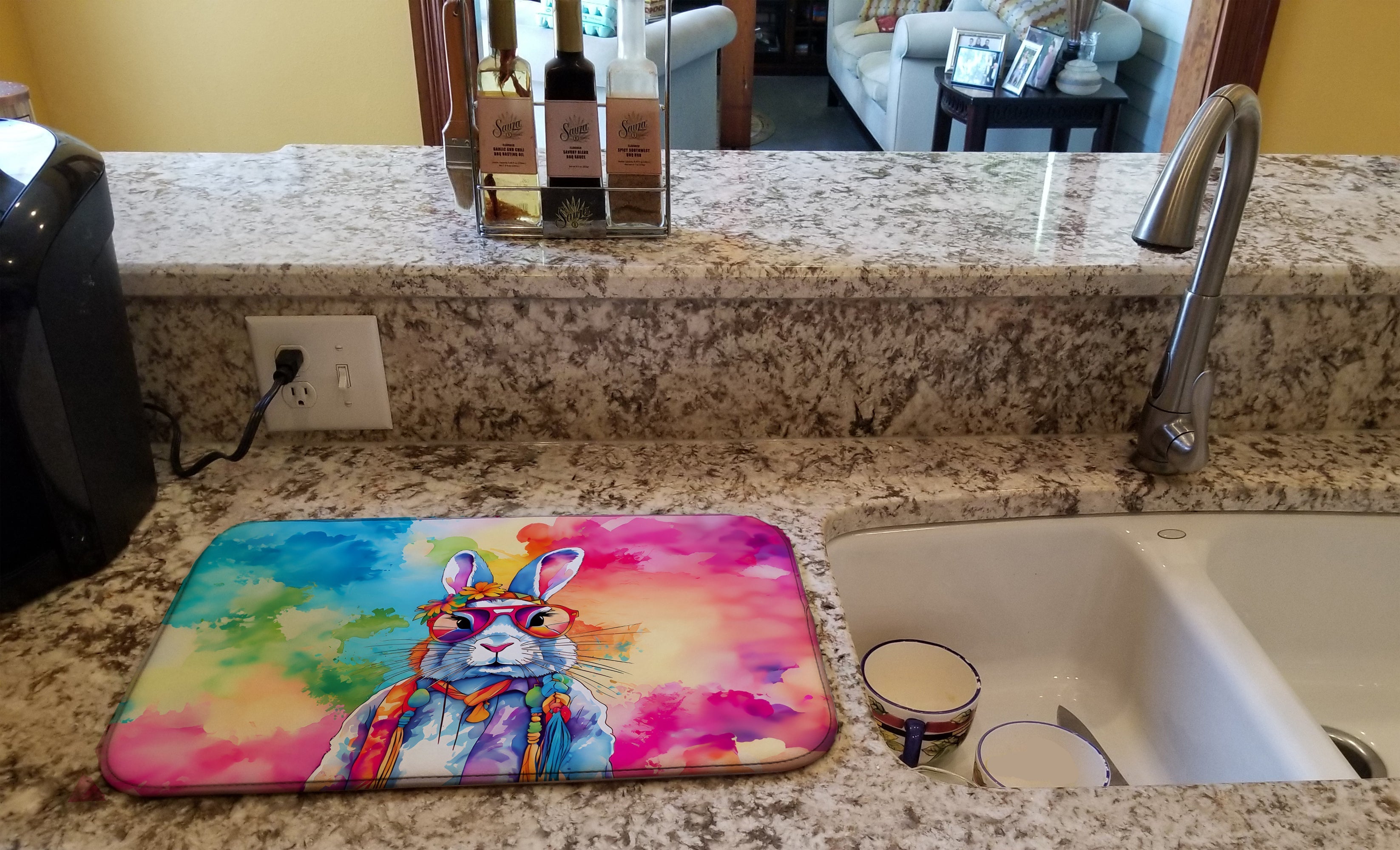 Hippie Animal Rabbit Dish Drying Mat Absorbent Dish Drying Mat Pad for Kitchen Counter Dish Drainer Mat for Countertop, 14 x 21", Multicolor