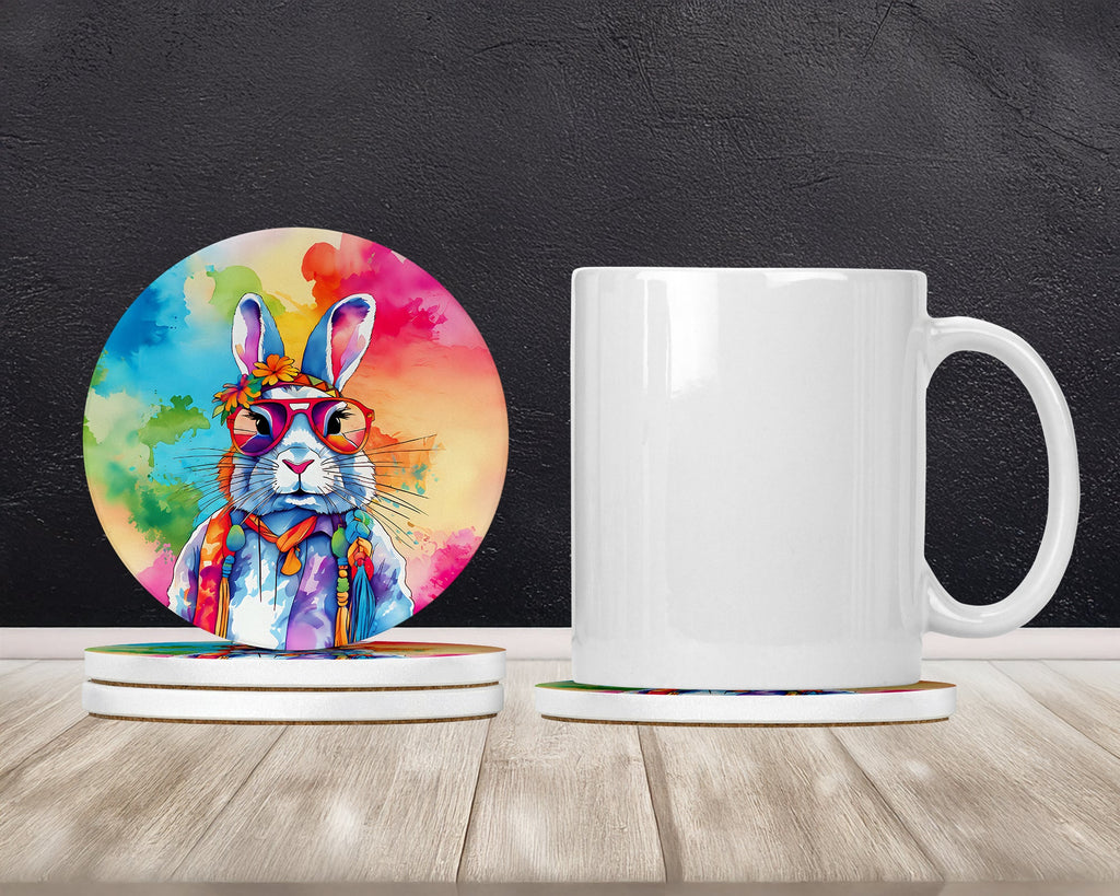 Hippie Animal Rabbit Large Sandstone Coasters Pack of 4 Absorbent Round Coasters Decor Gifts for Men or Women, 4 in, Multicolor
