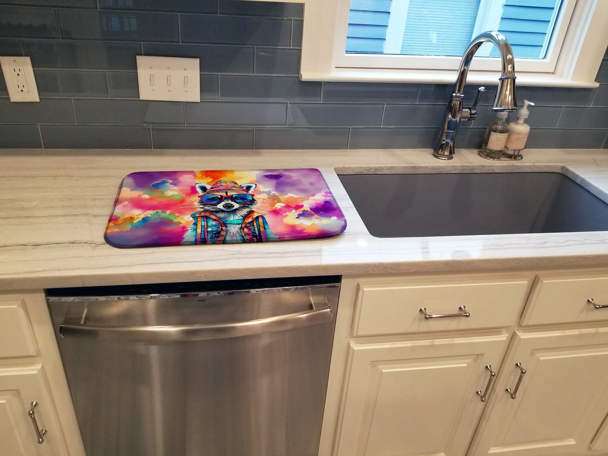 Hippie Animal Raccoon Dish Drying Mat Absorbent Dish Drying Mat Pad for Kitchen Counter Dish Drainer Mat for Countertop, 14 x 21", Multicolor