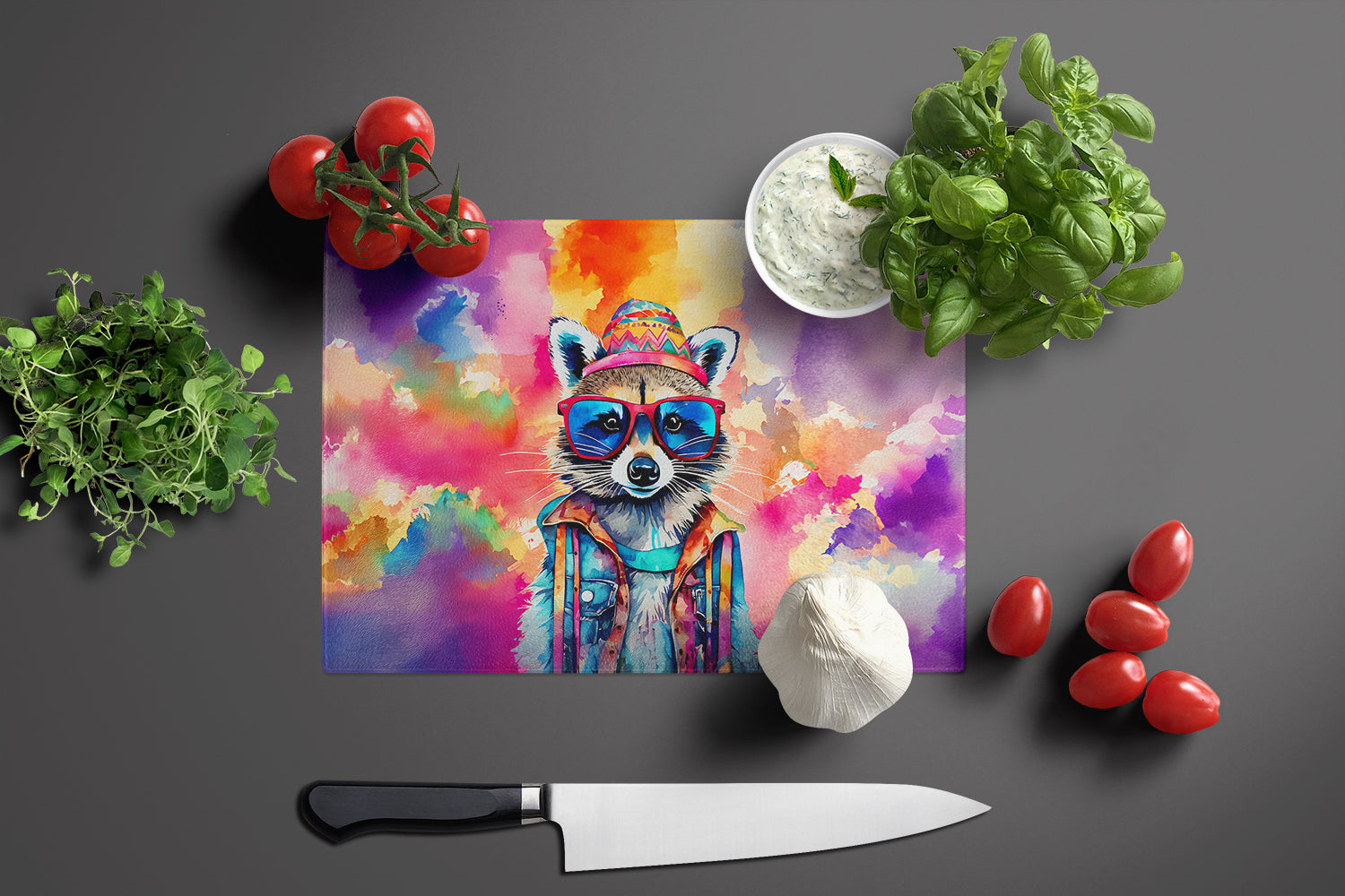 Hippie Animal Raccoon Cutting Board Tempered Glass Kitchen Cutting Surface, Heat Resistant Chopping, Non-Slip Feet, Food Prep & Serving