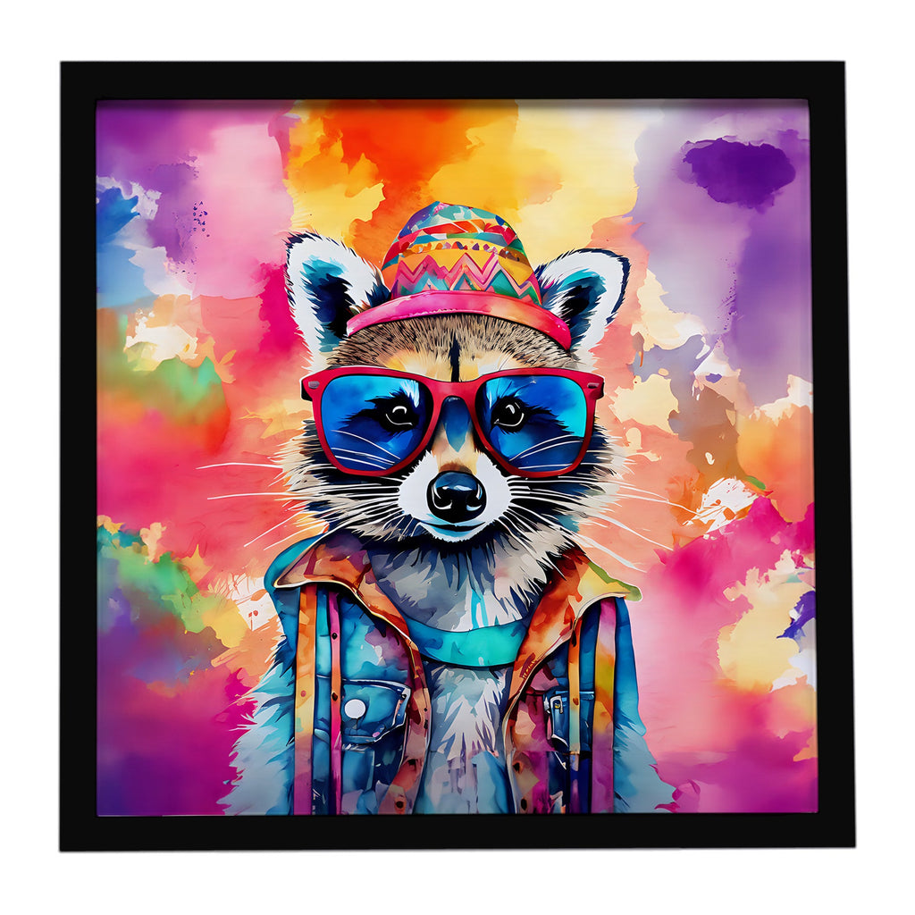 Hippie Animal Raccoon Framed Metal Print Bathroom, Kitchen, Office, Home Decor Wall Art Ready to Hang, Square, 8X8