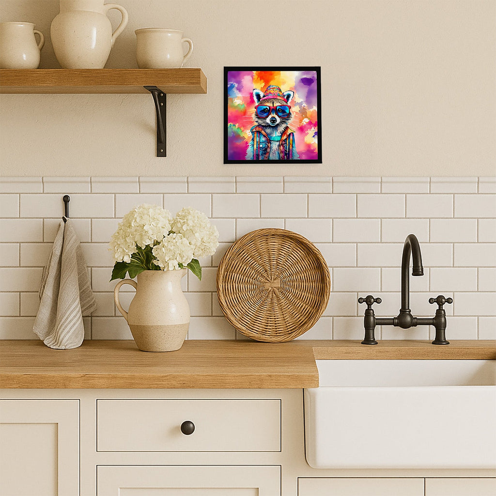 Hippie Animal Raccoon Framed Metal Print Bathroom, Kitchen, Office, Home Decor Wall Art Ready to Hang, Square, 8X8