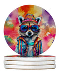 Hippie Animal Raccoon Large Sandstone Coasters Pack of 4 Absorbent Round Coasters Decor Gifts for Men or Women, 4 in, Multicolor