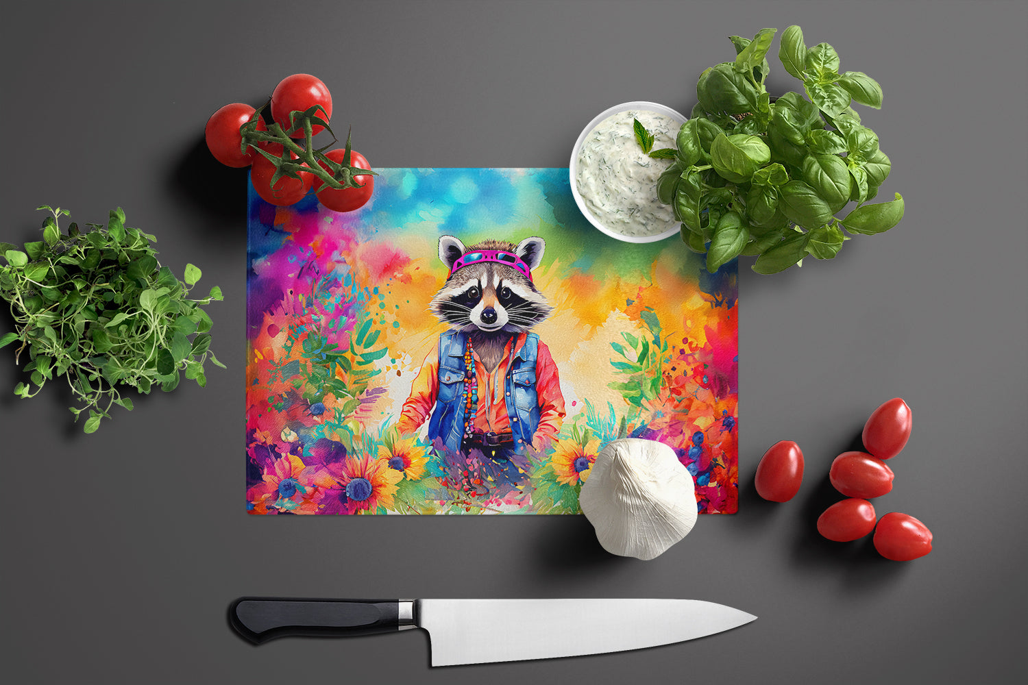 Hippie Animal Raccoon Cutting Board Tempered Glass Kitchen Cutting Surface, Heat Resistant Chopping, Non-Slip Feet, Food Prep & Serving