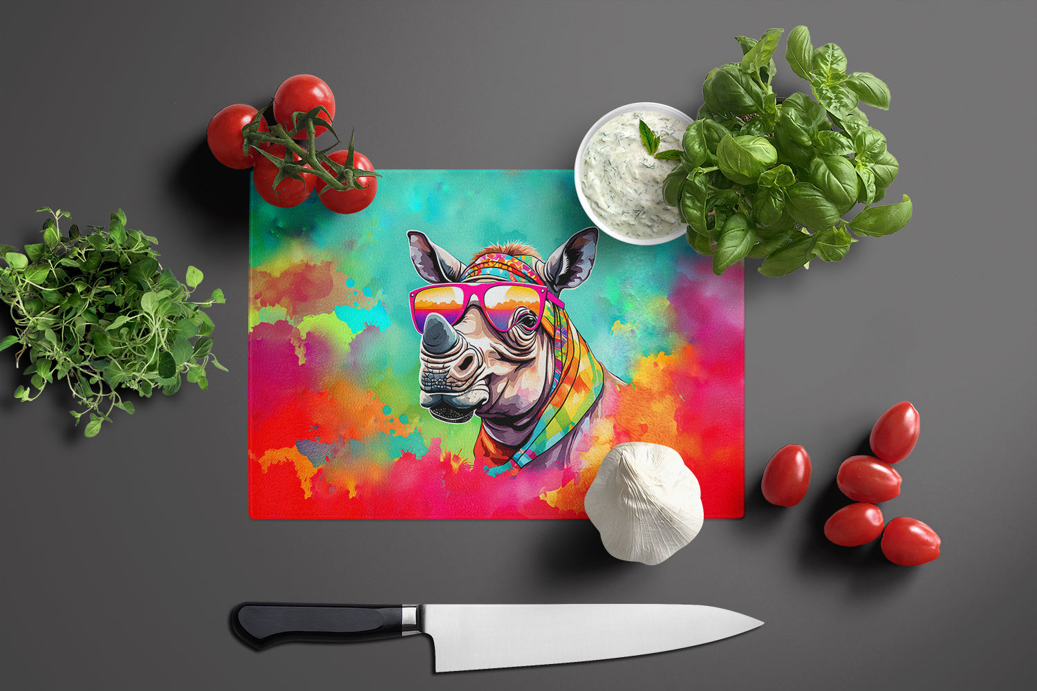 Hippie Animal Rhinoceros Cutting Board Tempered Glass Kitchen Cutting Surface, Heat Resistant Chopping, Non-Slip Feet, Food Prep & Serving