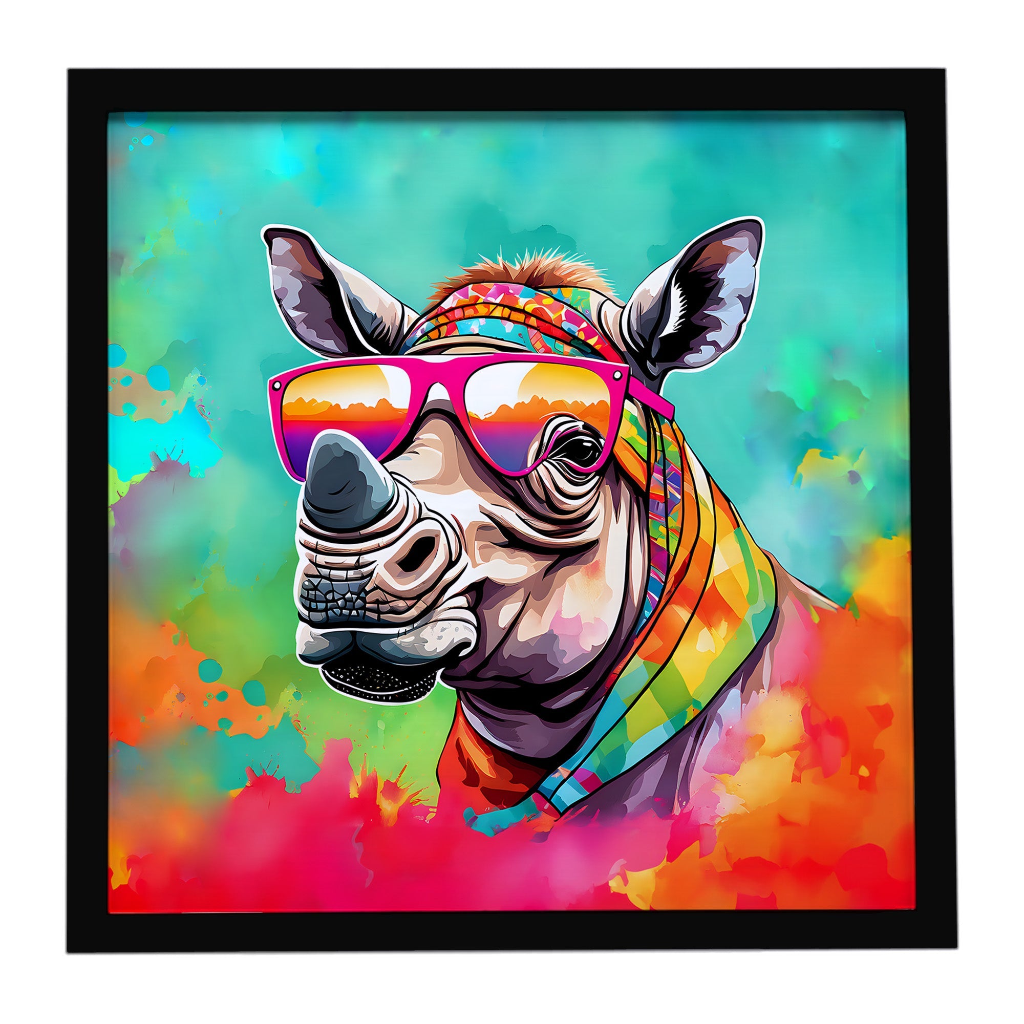 Hippie Animal Rhinoceros Framed Metal Print Bathroom, Kitchen, Office, Home Decor Wall Art Ready to Hang, Square, 8X8