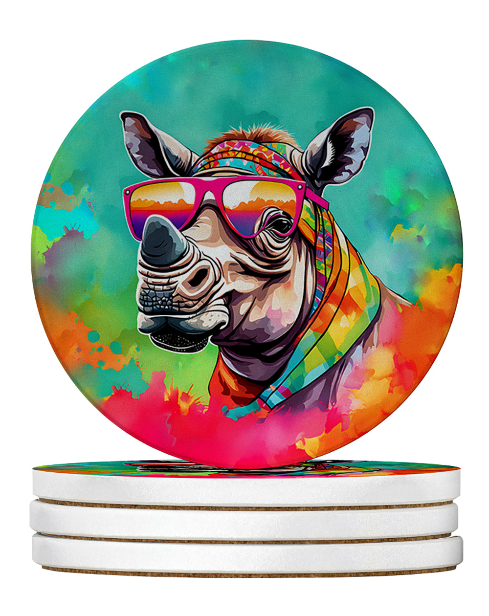 Hippie Animal Rhinoceros Large Sandstone Coasters Pack of 4 Absorbent Round Coasters Decor Gifts for Men or Women, 4 in, Multicolor
