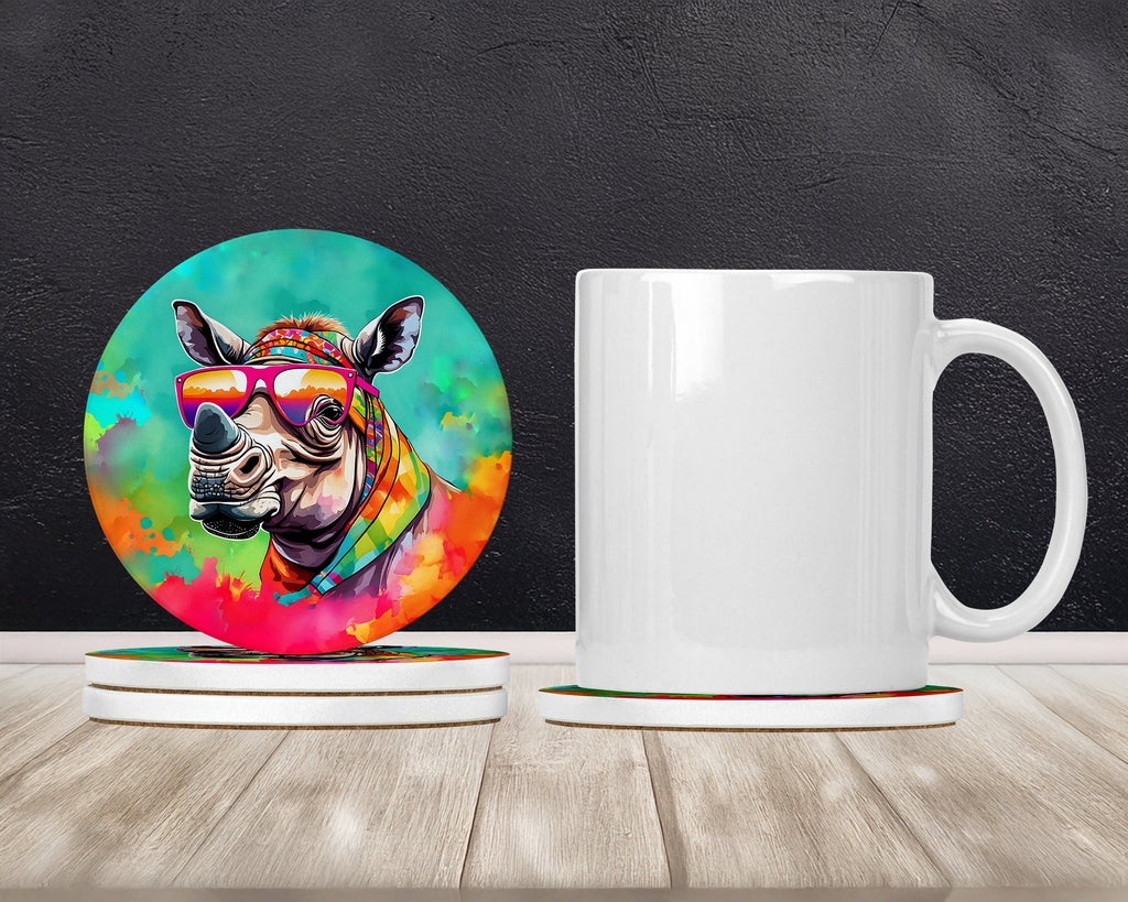 Hippie Animal Rhinoceros Large Sandstone Coasters Pack of 4 Absorbent Round Coasters Decor Gifts for Men or Women, 4 in, Multicolor