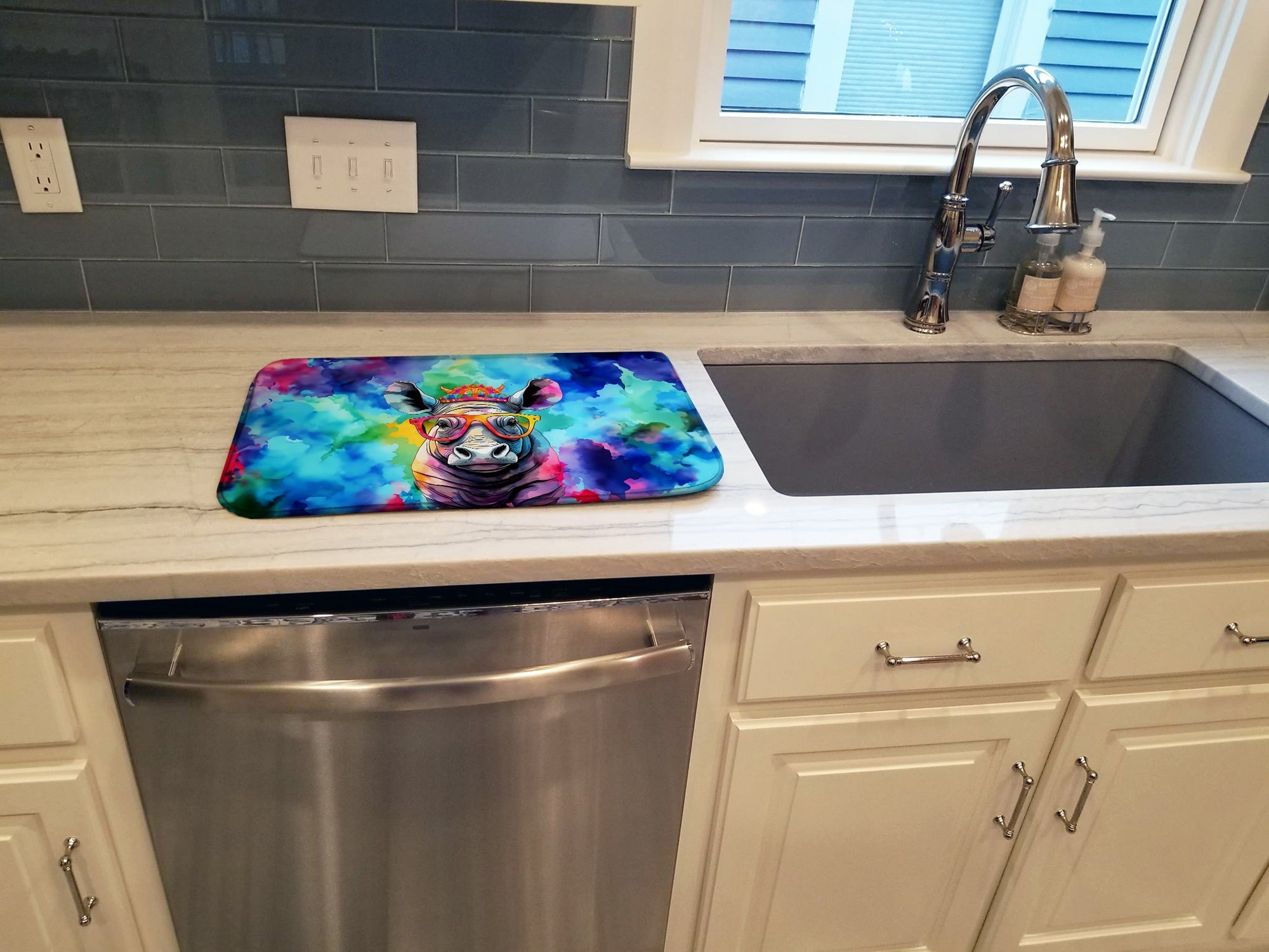 Hippie Animal Rhinoceros Dish Drying Mat Absorbent Dish Drying Mat Pad for Kitchen Counter Dish Drainer Mat for Countertop, 14 x 21", Multicolor