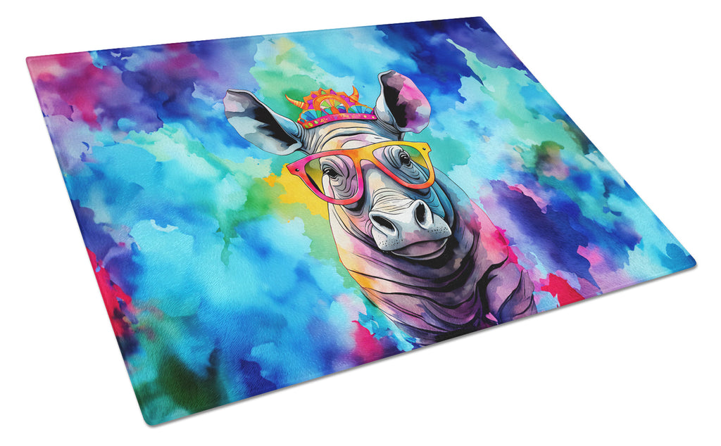 Hippie Animal Rhinoceros Cutting Board Tempered Glass Kitchen Cutting Surface, Heat Resistant Chopping, Non-Slip Feet, Food Prep & Serving