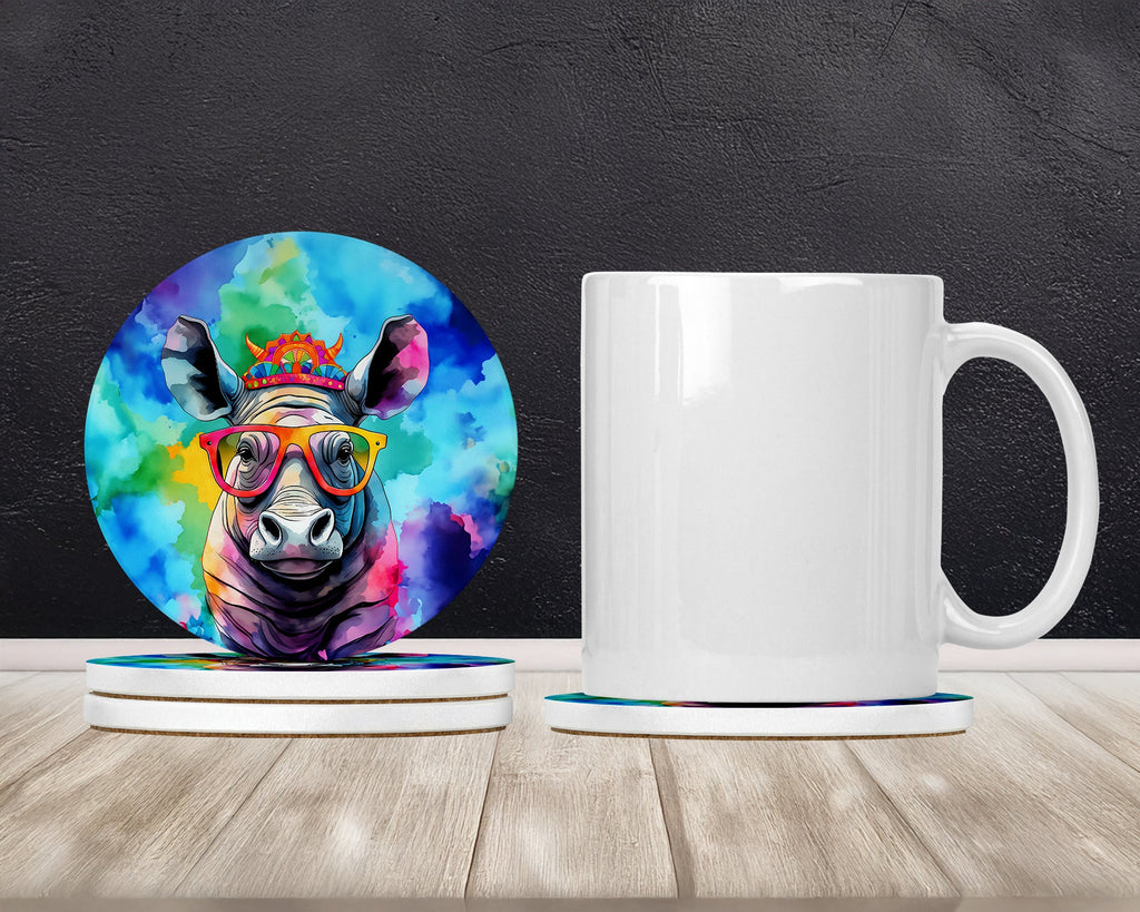 Hippie Animal Rhinoceros Large Sandstone Coasters Pack of 4 Absorbent Round Coasters Decor Gifts for Men or Women, 4 in, Multicolor