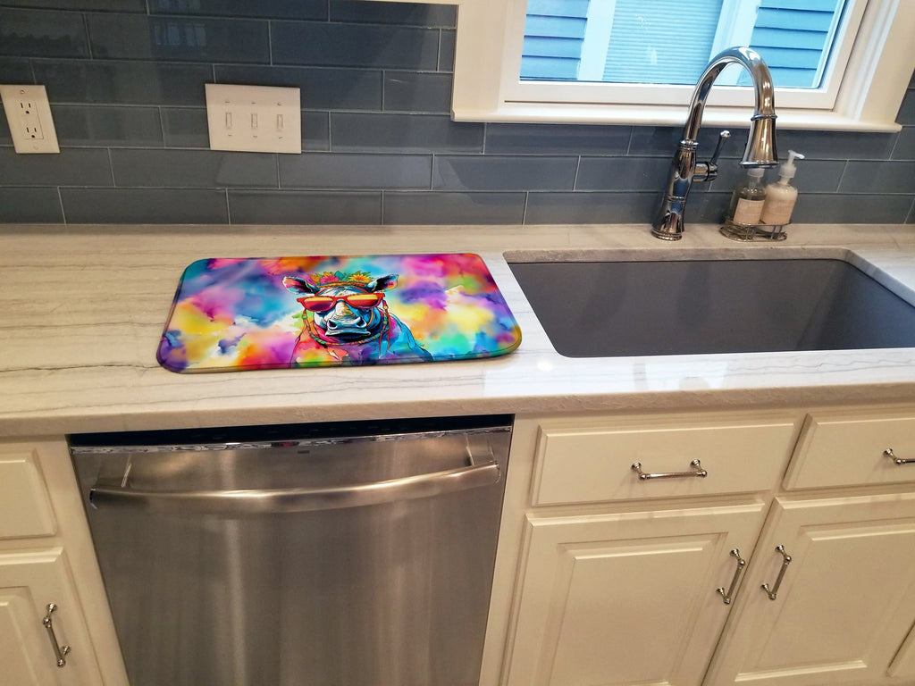 Hippie Animal Rhinoceros Dish Drying Mat Absorbent Dish Drying Mat Pad for Kitchen Counter Dish Drainer Mat for Countertop, 14 x 21", Multicolor
