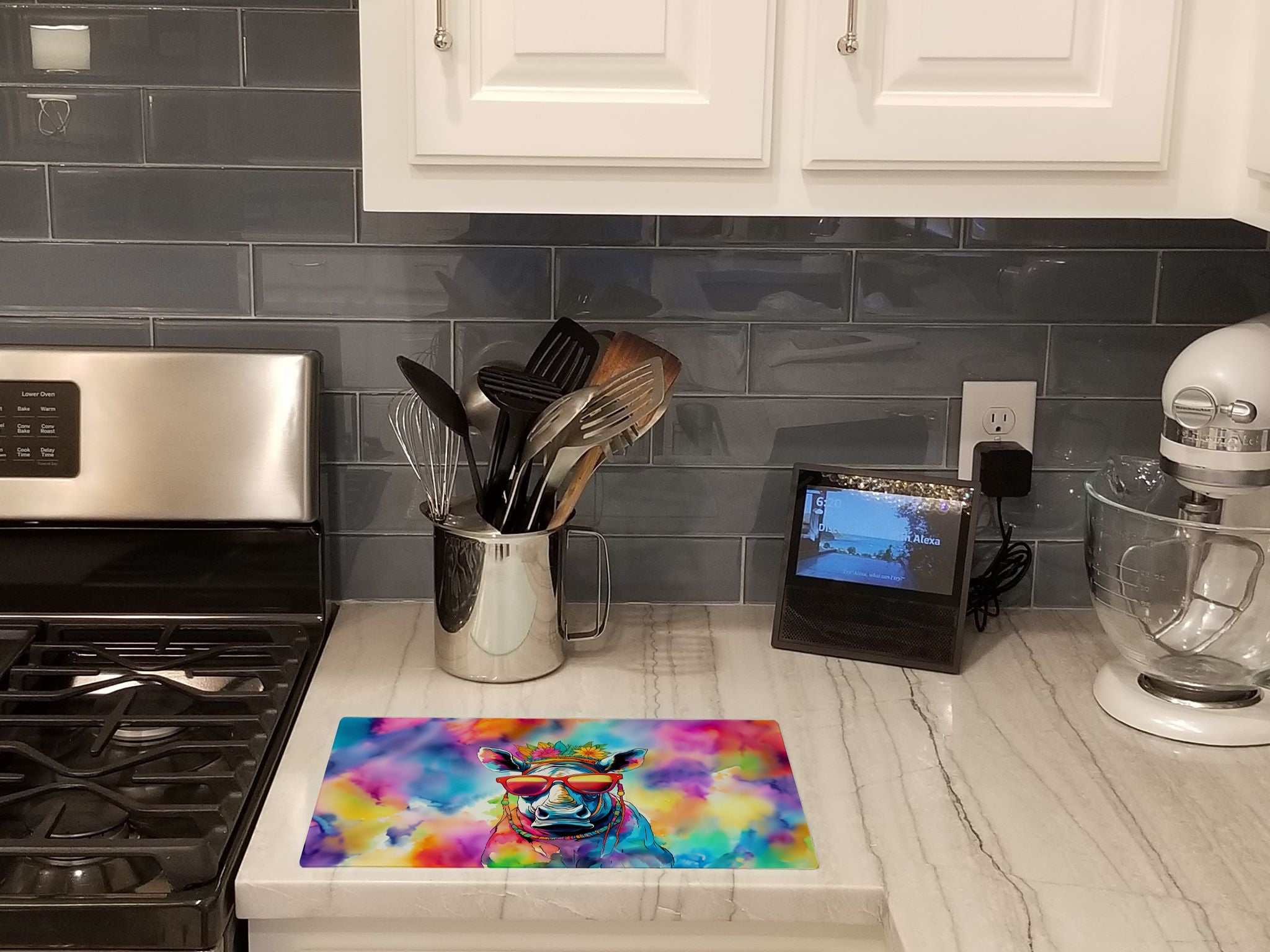 Hippie Animal Rhinoceros Cutting Board Tempered Glass Kitchen Cutting Surface, Heat Resistant Chopping, Non-Slip Feet, Food Prep & Serving