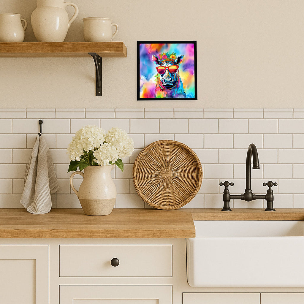 Hippie Animal Rhinoceros Framed Metal Print Bathroom, Kitchen, Office, Home Decor Wall Art Ready to Hang, Square, 8X8