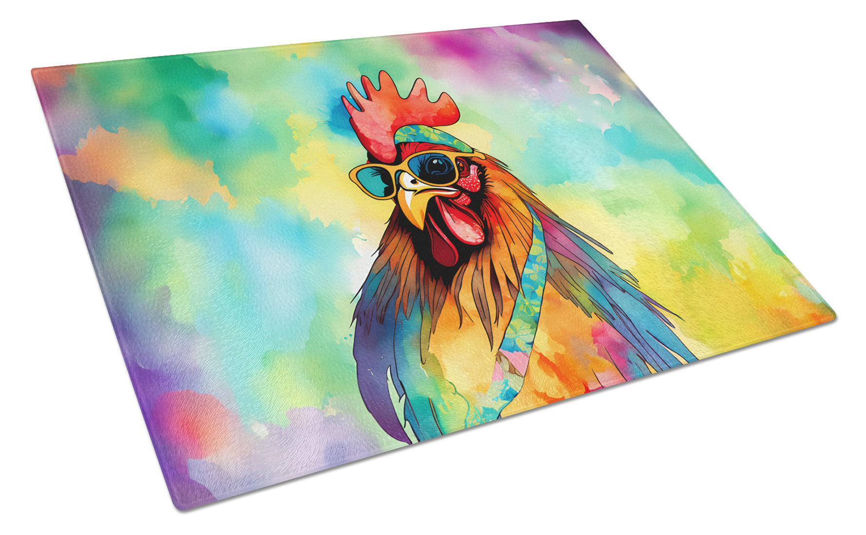 Hippie Animal Rooster Cutting Board Tempered Glass Kitchen Cutting Surface, Heat Resistant Chopping, Non-Slip Feet, Food Prep & Serving
