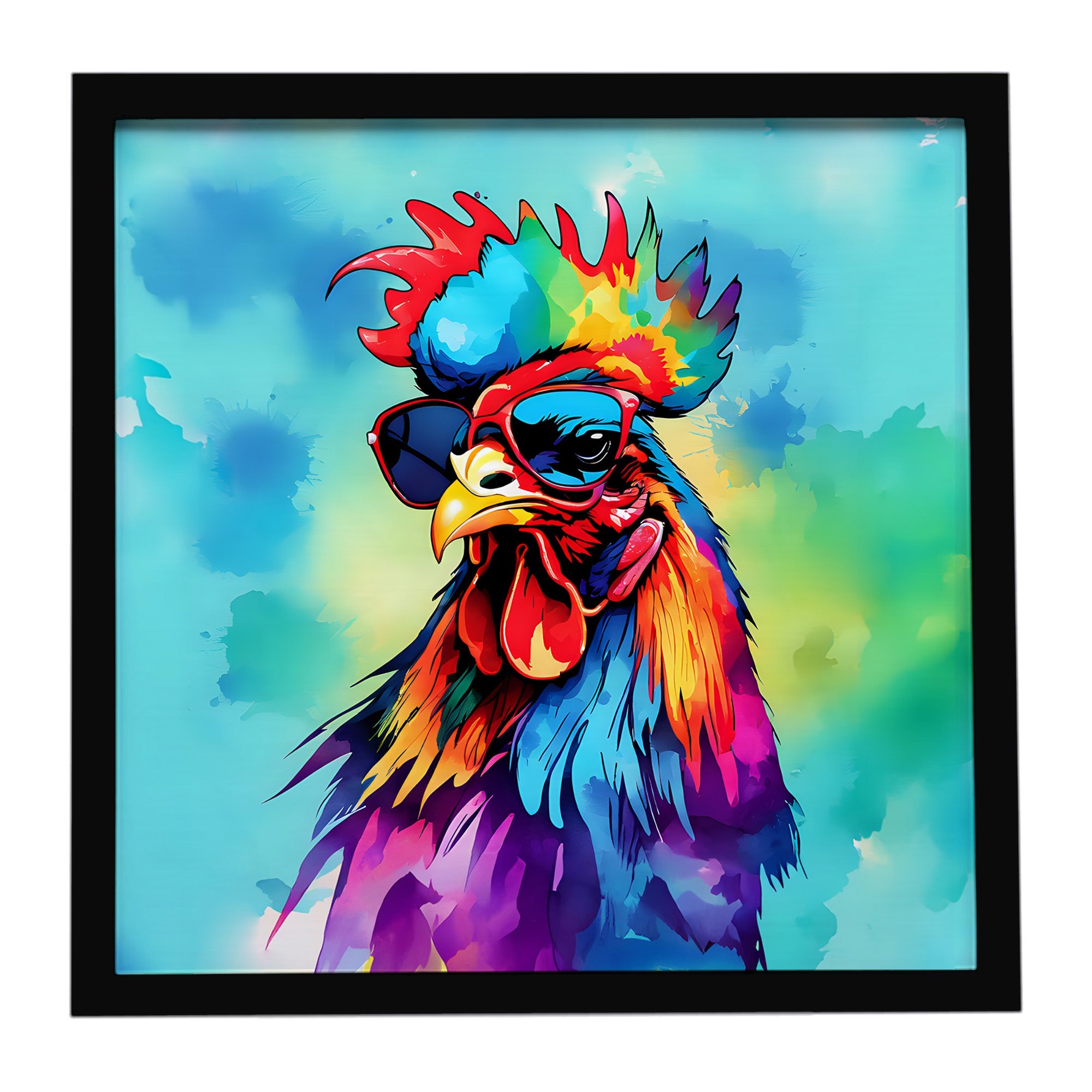 Hippie Animal Rooster Framed Metal Print Bathroom, Kitchen, Office, Home Decor Wall Art Ready to Hang, Square, 8X8