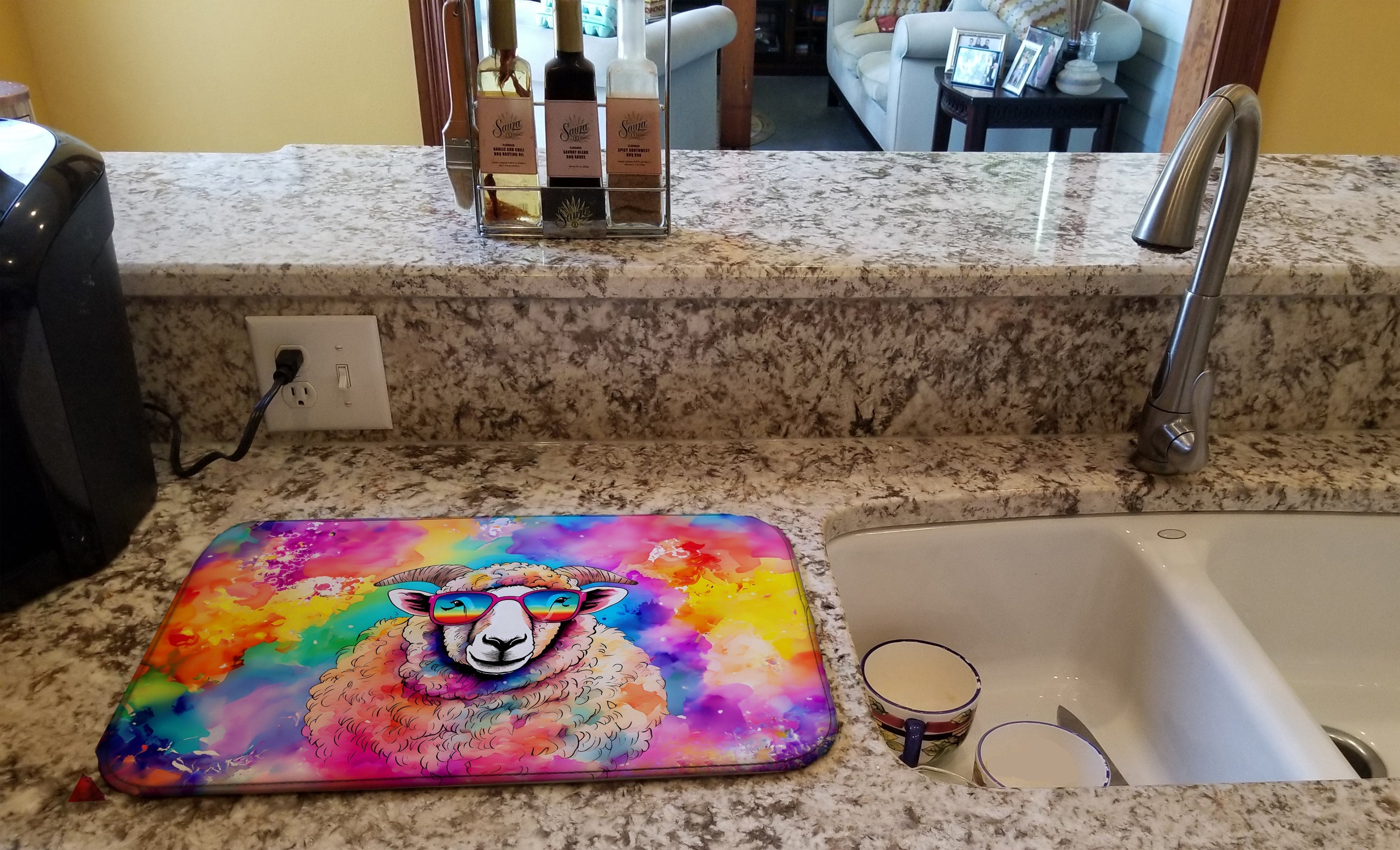 Hippie Animal Sheep Dish Drying Mat Absorbent Dish Drying Mat Pad for Kitchen Counter Dish Drainer Mat for Countertop, 14 x 21", Multicolor