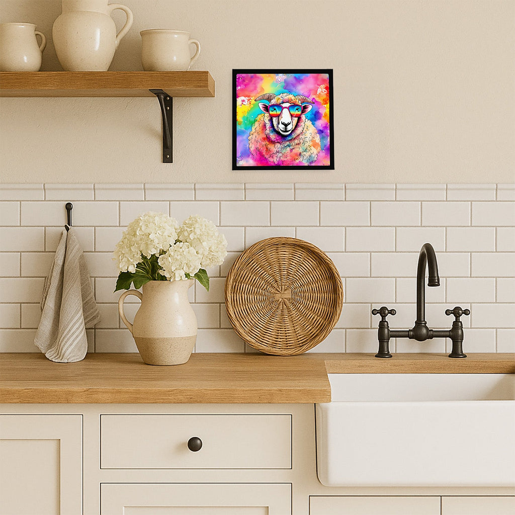 Hippie Animal Sheep Framed Metal Print Bathroom, Kitchen, Office, Home Decor Wall Art Ready to Hang, Square, 8X8