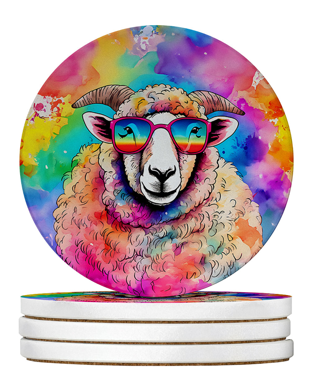 Hippie Animal Sheep Large Sandstone Coasters Pack of 4 Absorbent Round Coasters Decor Gifts for Men or Women, 4 in, Multicolor