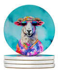 Hippie Animal Sheep Large Sandstone Coasters Pack of 4 Absorbent Round Coasters Decor Gifts for Men or Women, 4 in, Multicolor