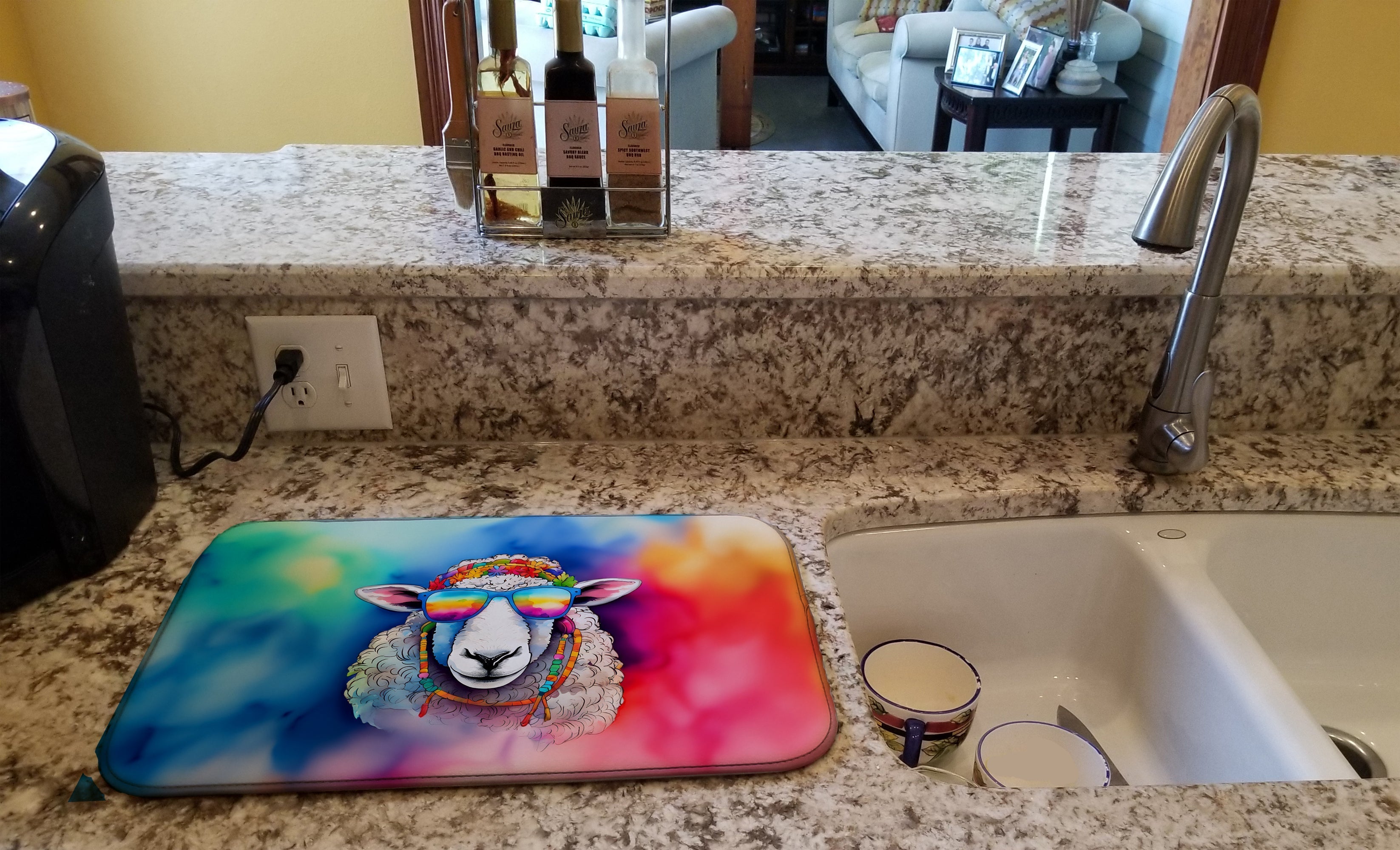 Hippie Animal Sheep Dish Drying Mat Absorbent Dish Drying Mat Pad for Kitchen Counter Dish Drainer Mat for Countertop, 14 x 21", Multicolor