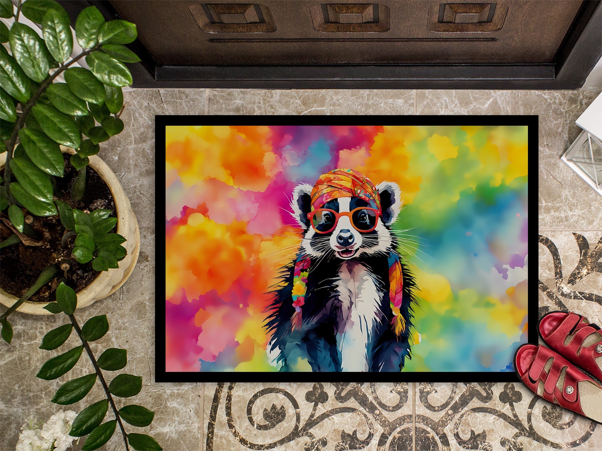 Hippie Animal Skunk Doormat Indoor Outdoor 24H X 36W Front Door Mat Rugs for Entryway, Non Slip Washable Low Pile,