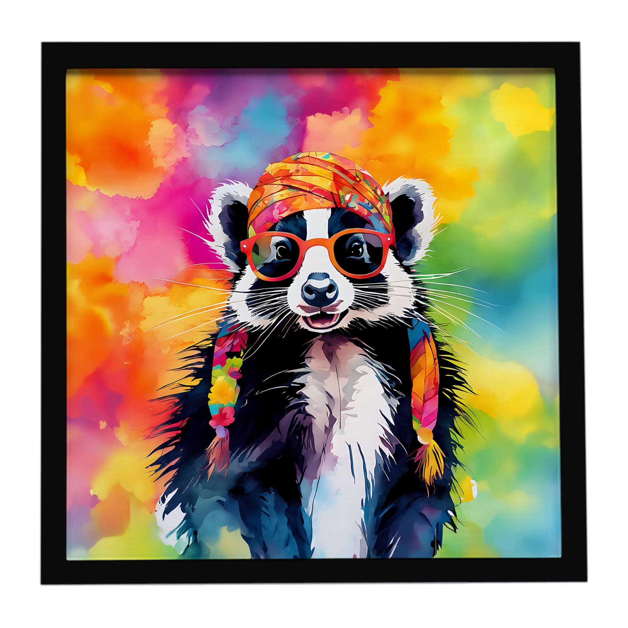 Hippie Animal Skunk Framed Metal Print Bathroom, Kitchen, Office, Home Decor Wall Art Ready to Hang, Square, 8X8