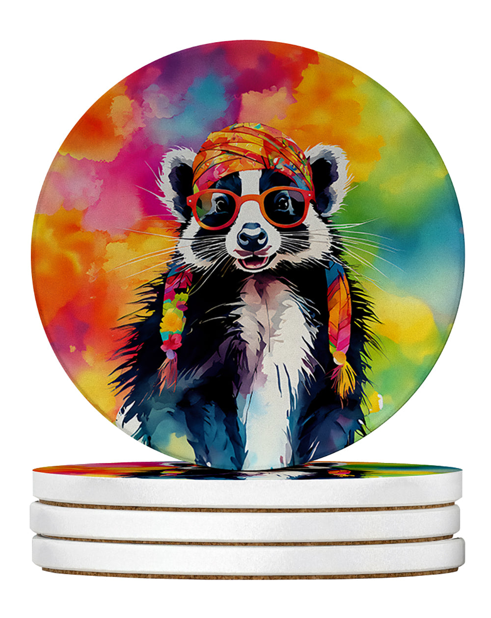 Hippie Animal Skunk Large Sandstone Coasters Pack of 4 Absorbent Round Coasters Decor Gifts for Men or Women, 4 in, Multicolor