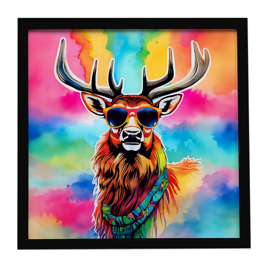 Hippie Animal Stag Deer Framed Metal Print Bathroom, Kitchen, Office, Home Decor Wall Art Ready to Hang, Square, 8X8