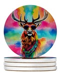 Hippie Animal Stag Deer Large Sandstone Coasters Pack of 4 Absorbent Round Coasters Decor Gifts for Men or Women, 4 in, Multicolor
