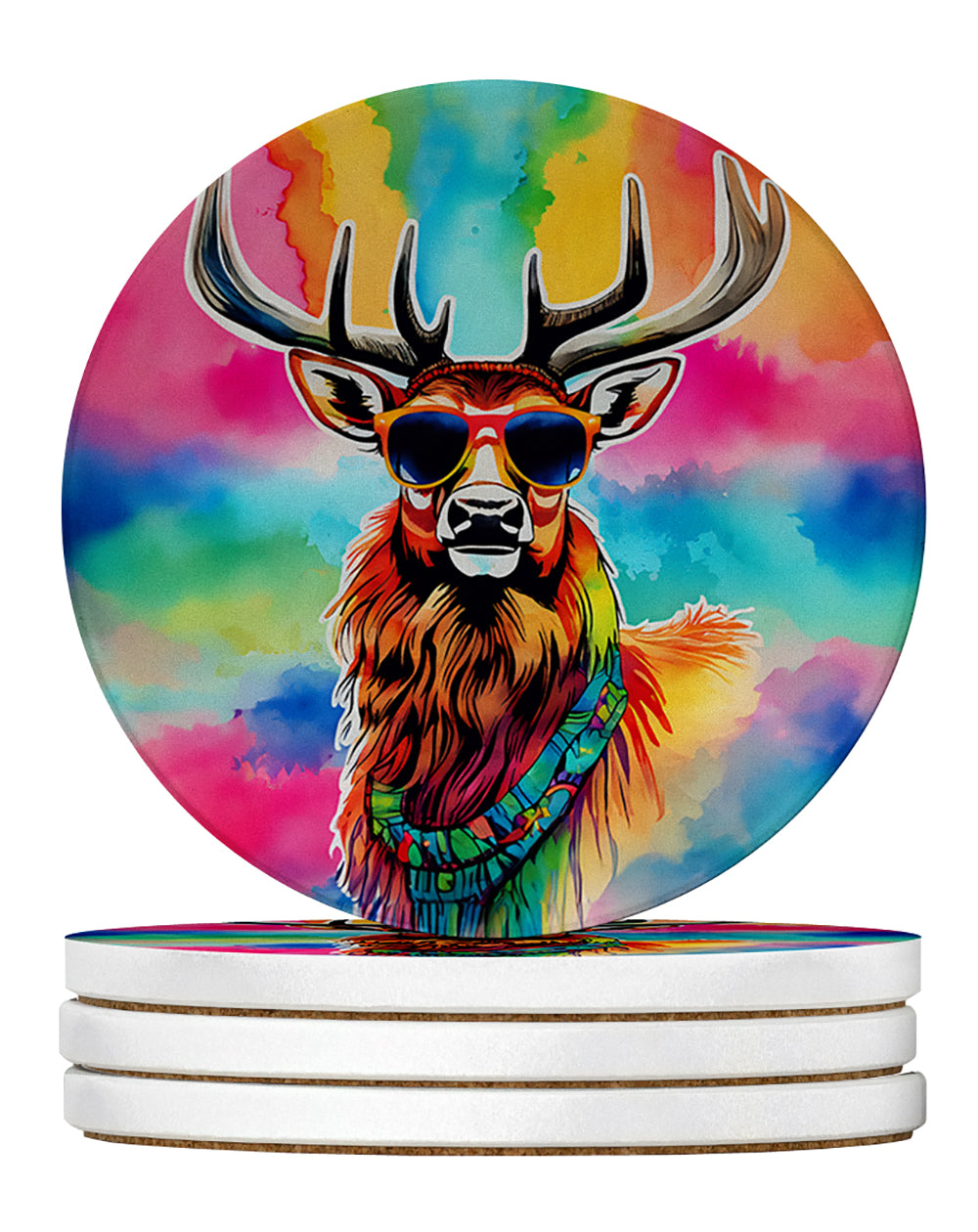 Hippie Animal Stag Deer Large Sandstone Coasters Pack of 4 Absorbent Round Coasters Decor Gifts for Men or Women, 4 in, Multicolor