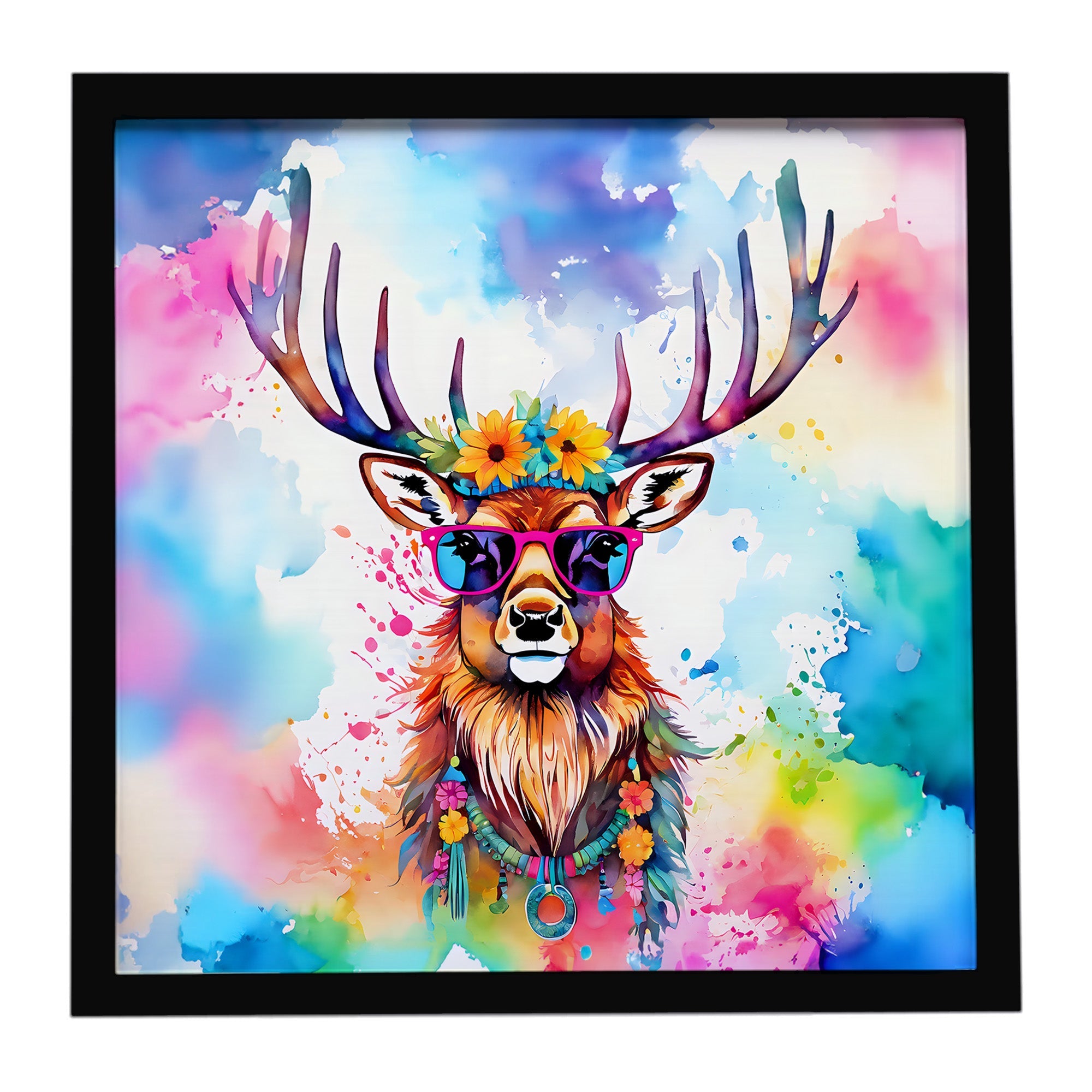 Hippie Animal Stag Deer Framed Metal Print Bathroom, Kitchen, Office, Home Decor Wall Art Ready to Hang, Square, 8X8